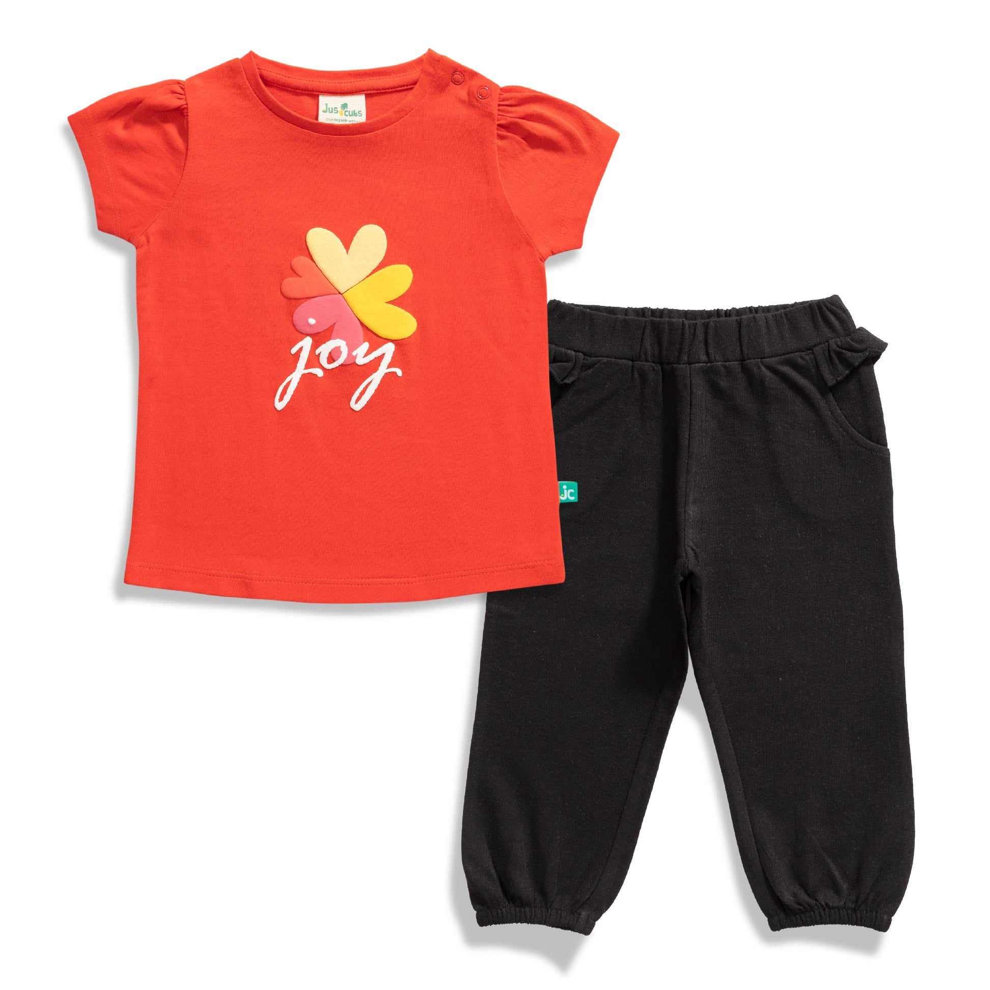 Baby Girls' Red "Joy" Puff Sleeve T-Shirt & Black Jogger Pants Set – Stylish Casual Outfit