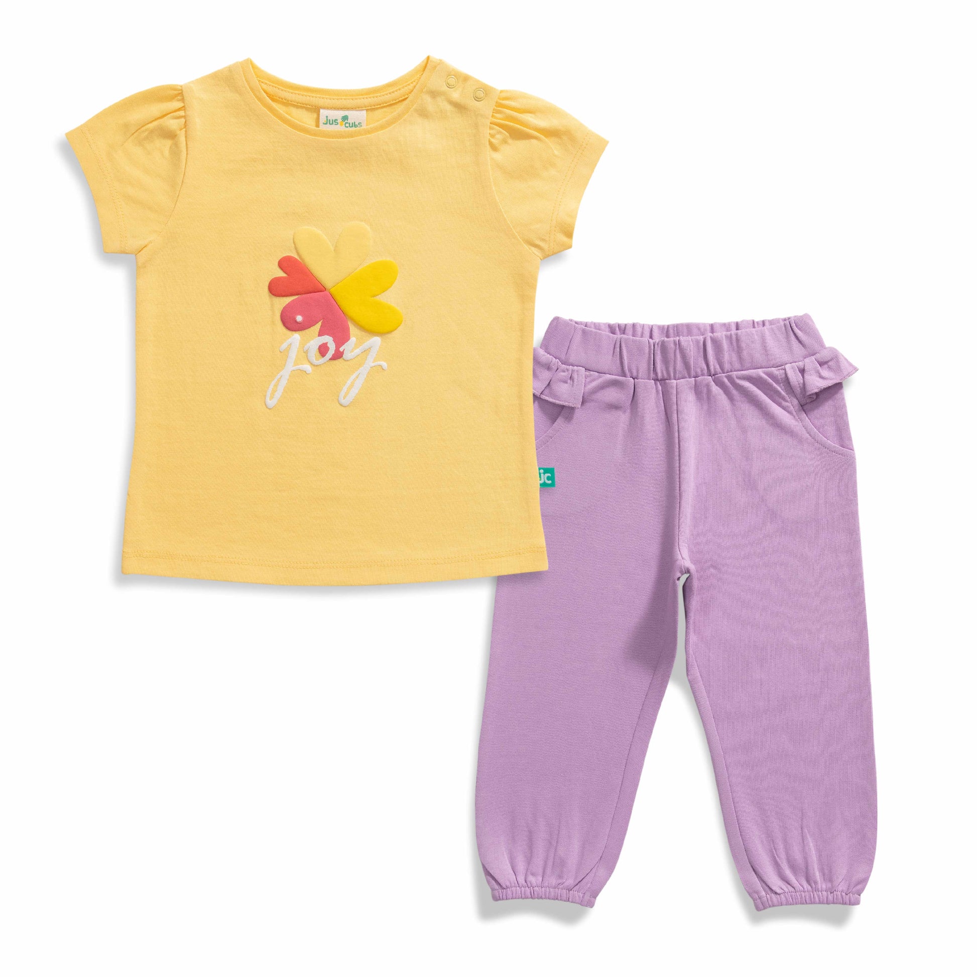 Baby Girls' Yellow "Joy" T-Shirt & Lavender Bow Detail Jogger Set – 2-Piece Outfit