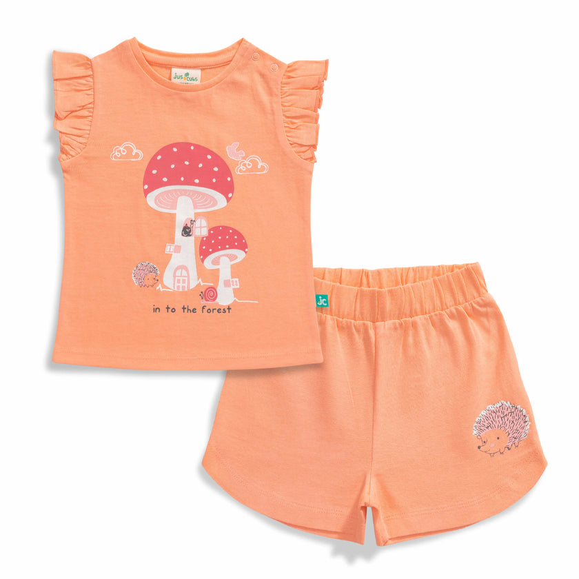 Baby Girls' Orange "In the Forest" Ruffle Sleeve T-Shirt & Shorts Set – Adorable Summer Outfit