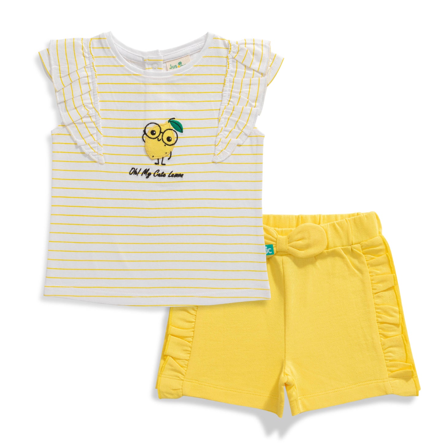 Baby Girls' Striped "Oh My Cute Lemon" Ruffle Sleeve T-Shirt & Yellow Shorts Set – Adorable Summer Outfit