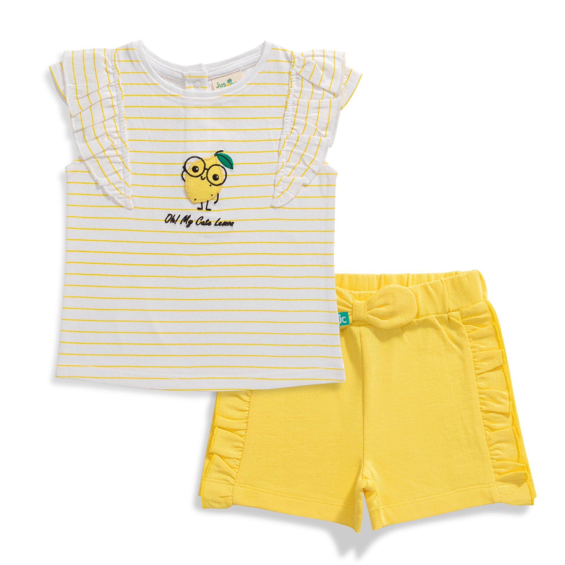 Baby Girls' Striped "Oh My Cute Lemon" Ruffle Sleeve T-Shirt & Yellow Shorts Set – Adorable Summer Outfit