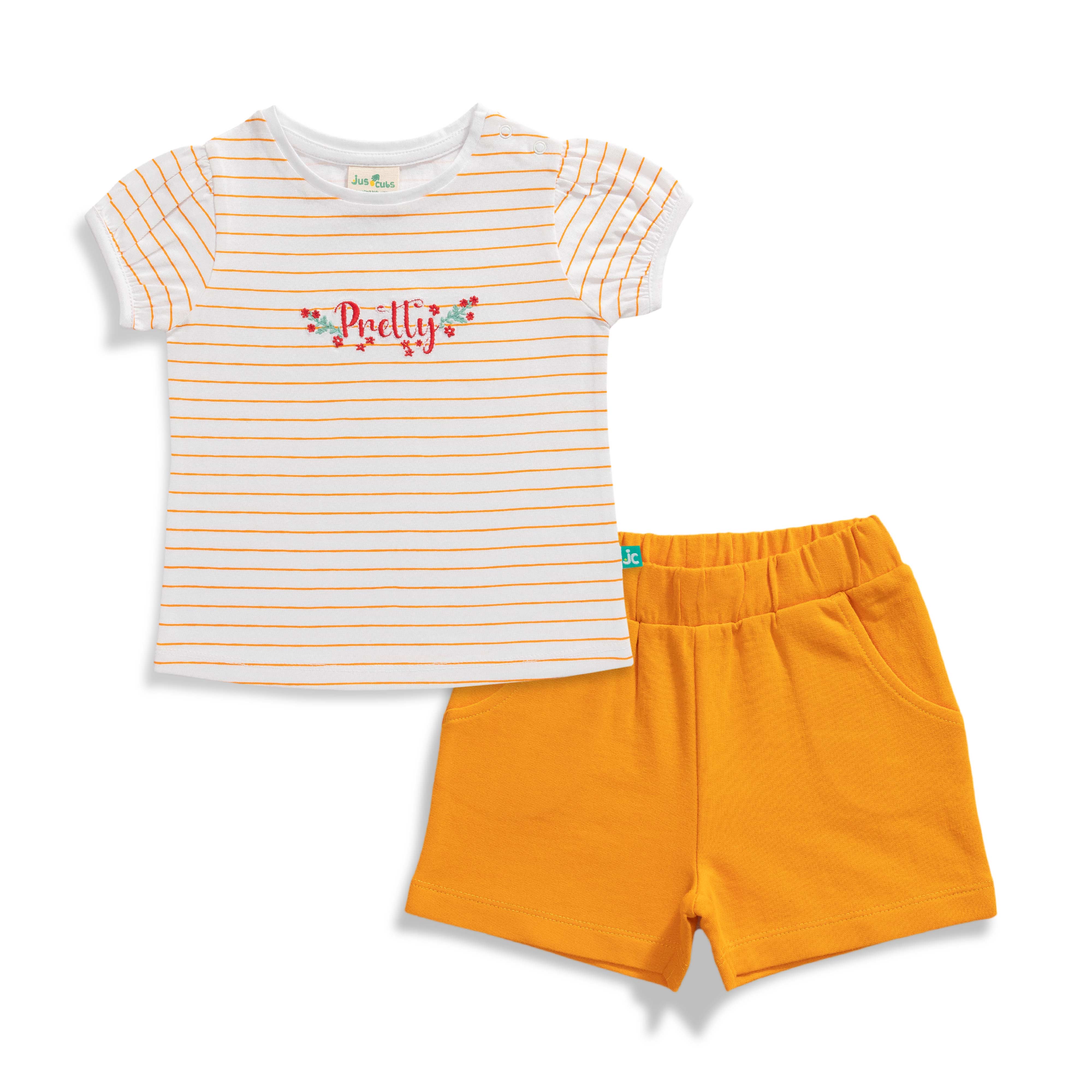 Baby Girls Striped & Graphic Printed T Shirt & Solid Shorts Set