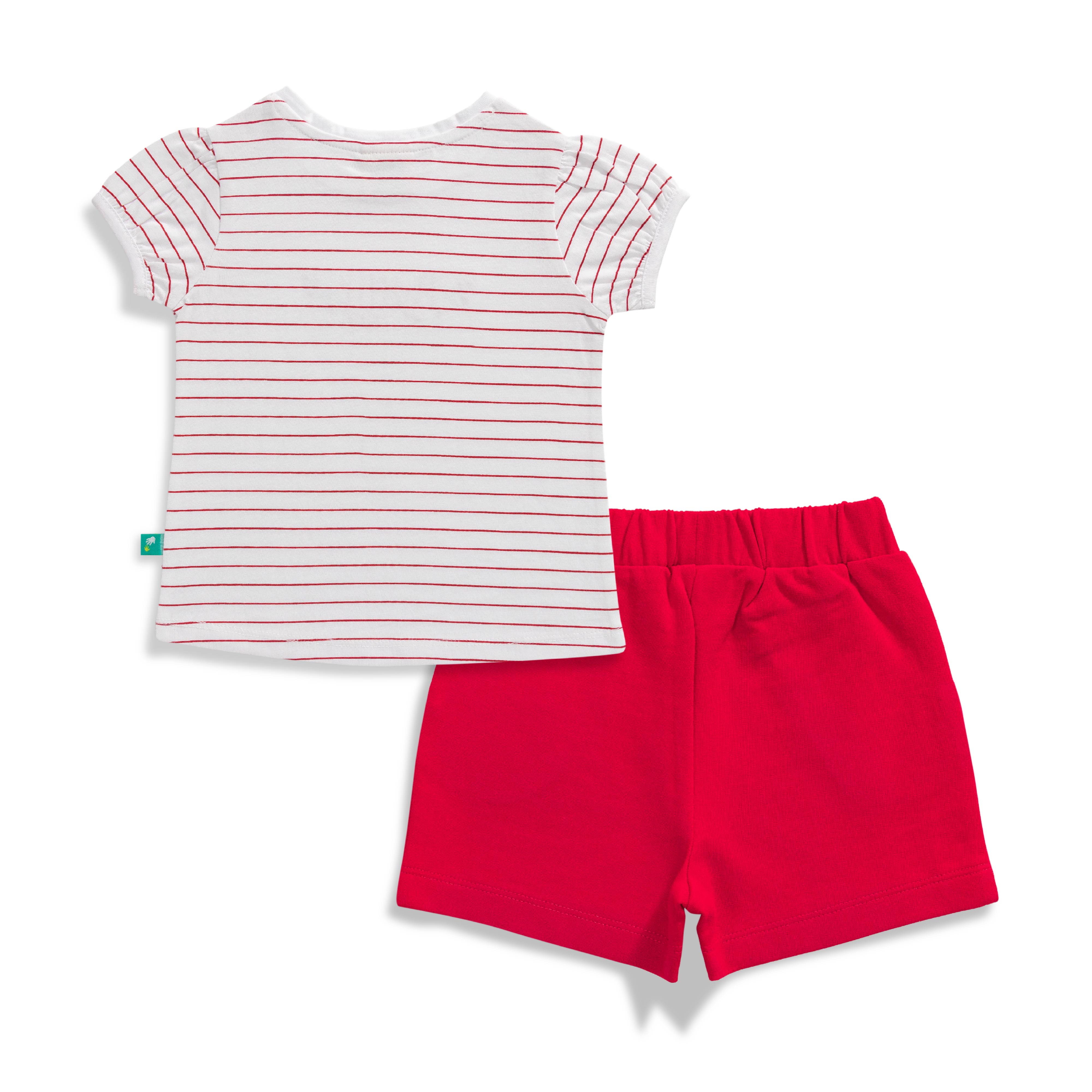 Baby Girls Striped &  Graphic Printed T Shirt & Solid Shorts Set