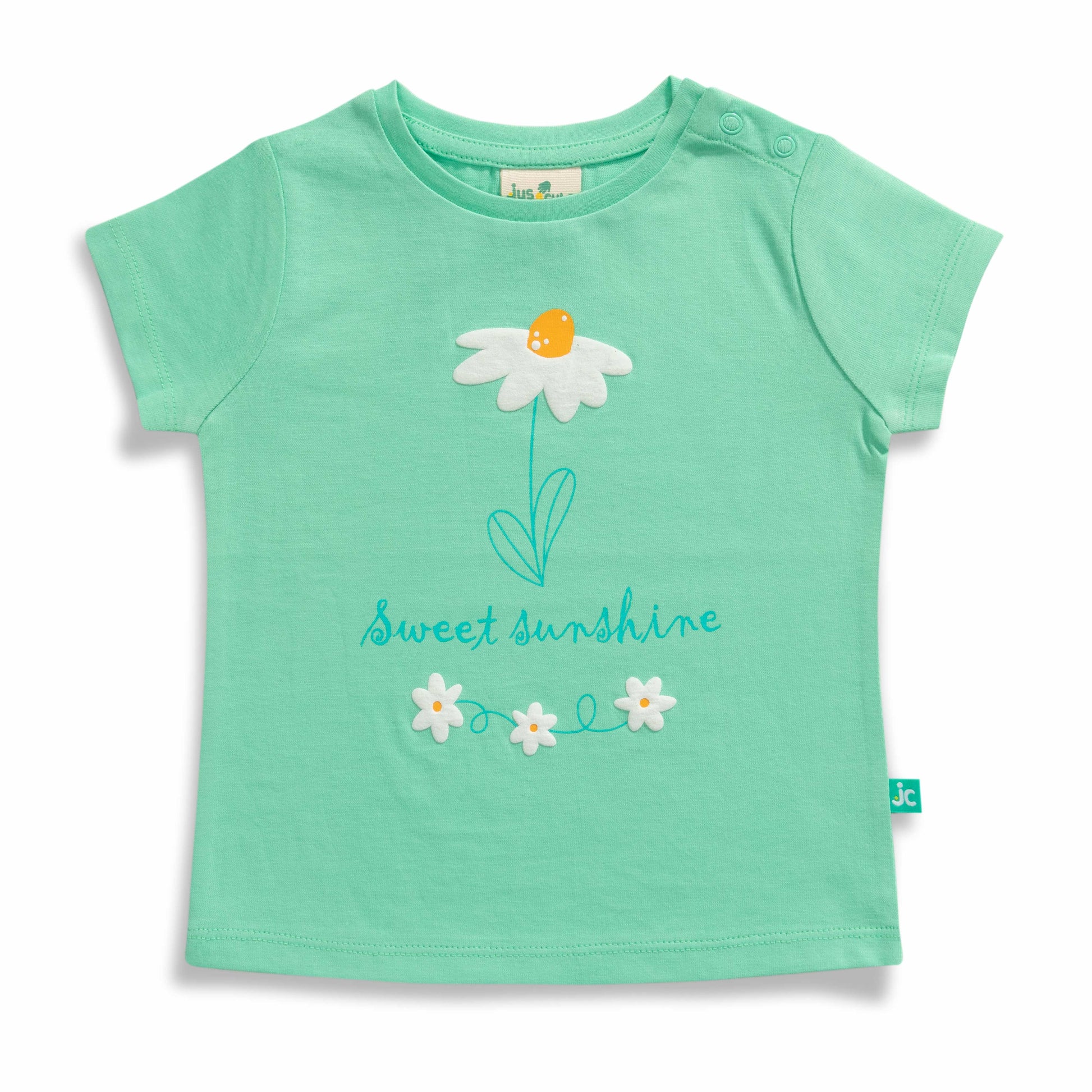 "Baby Girls Green T-Shirt with Daisy & 'Sweet Sunshine' Print – Soft Cotton Tee"