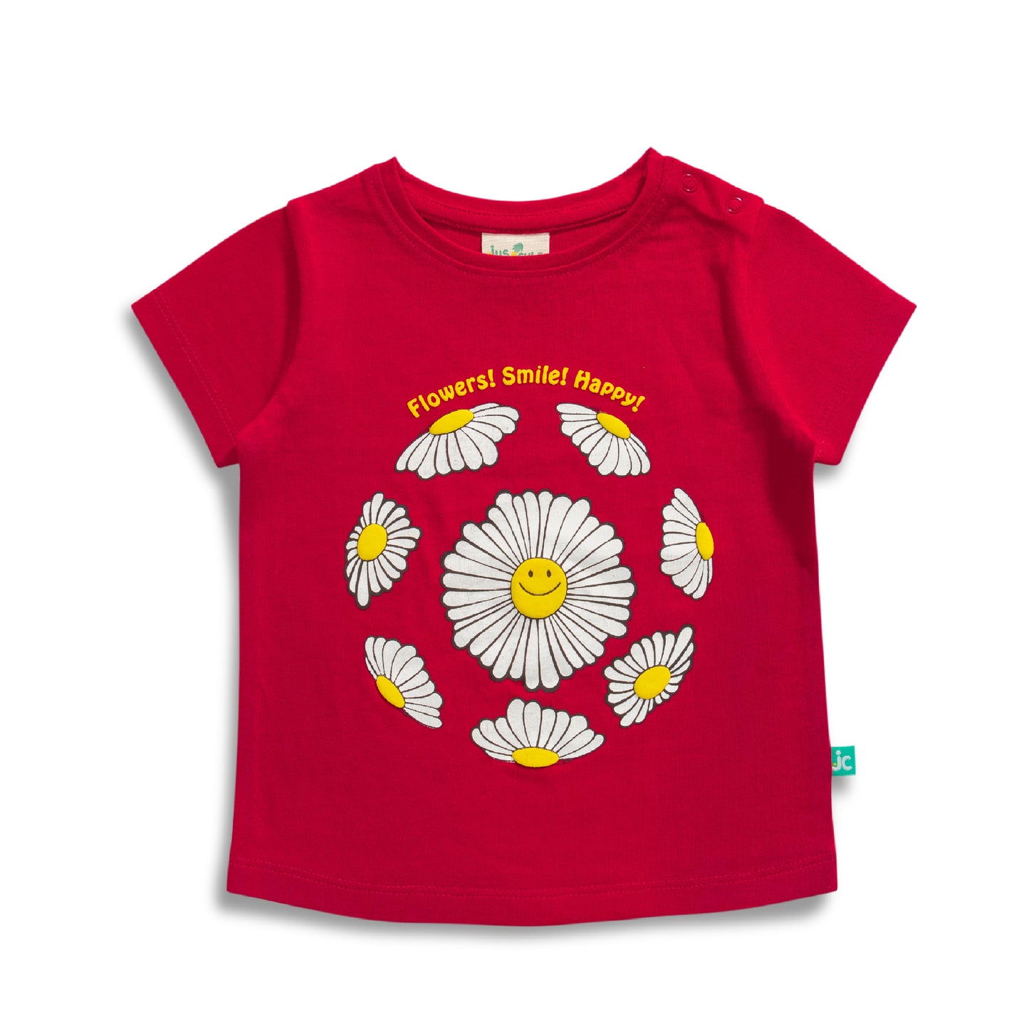 "Baby Girls Red T-Shirt with Smiley Daisy Print – 'Flowers! Smile! Happy!' Design"