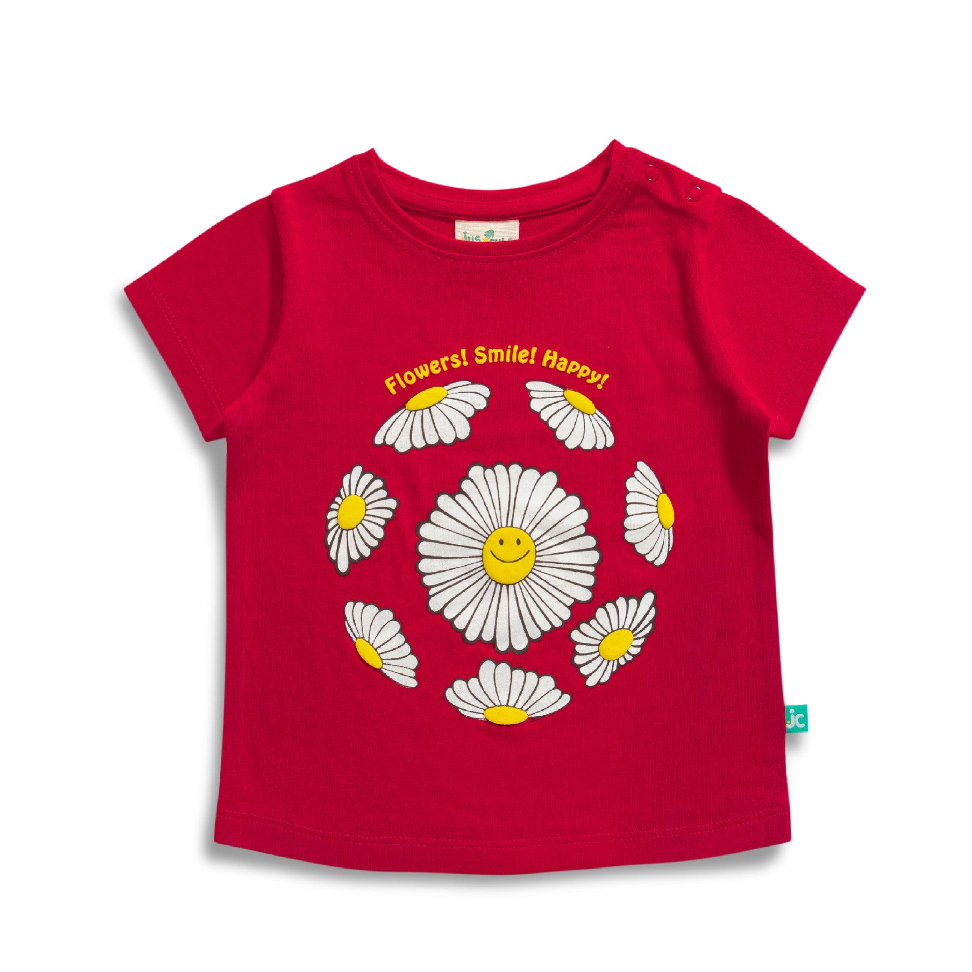 "Baby Girls Red T-Shirt with Smiley Daisy Print – 'Flowers! Smile! Happy!' Design"