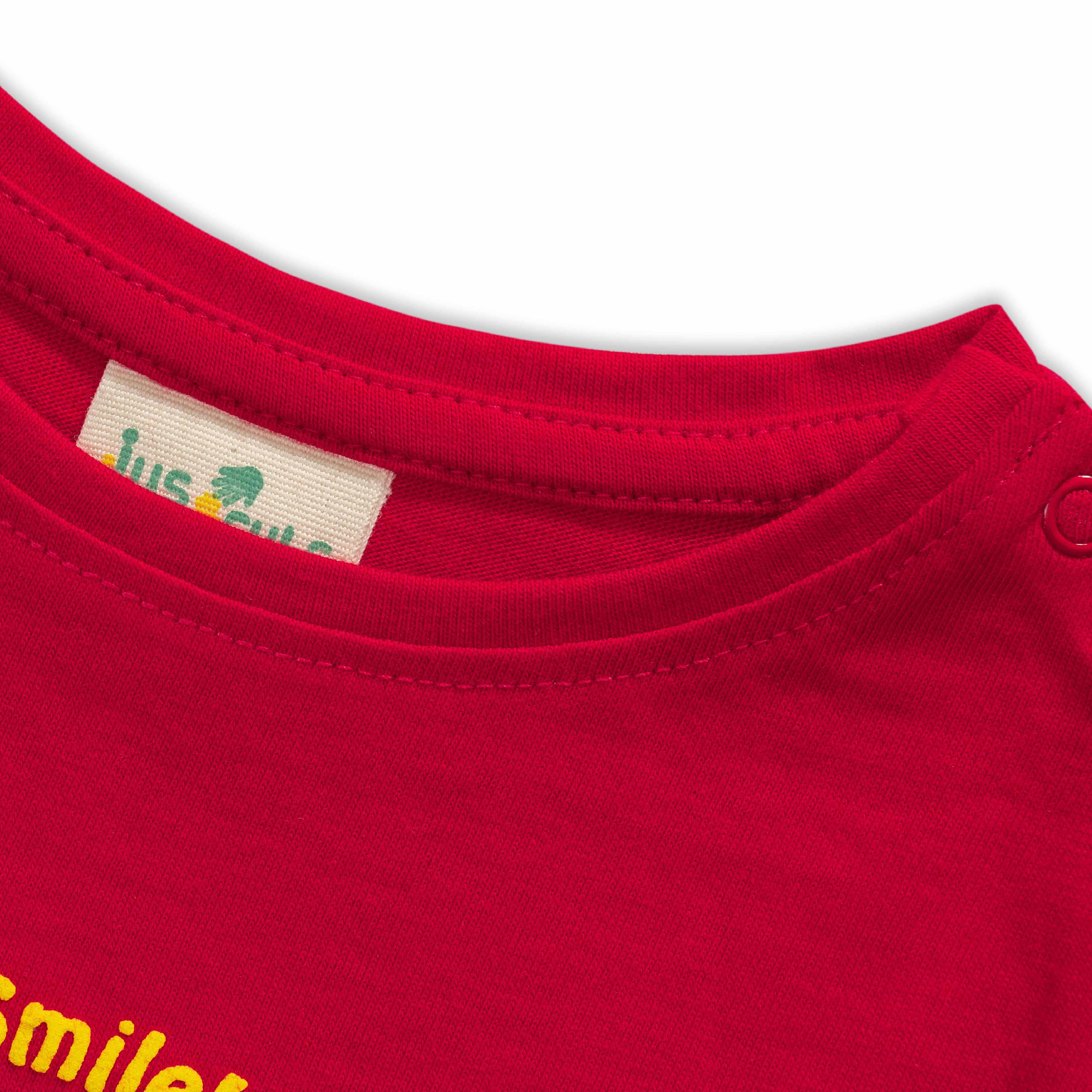 "Baby Girls Red T-Shirt with Smiley Daisy Print – 'Flowers! Smile! Happy!' Design"