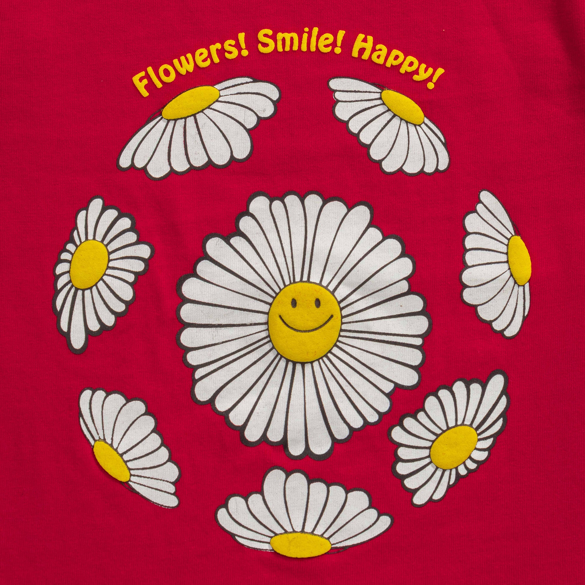 "Baby Girls Red T-Shirt with Smiley Daisy Print – 'Flowers! Smile! Happy!' Design"