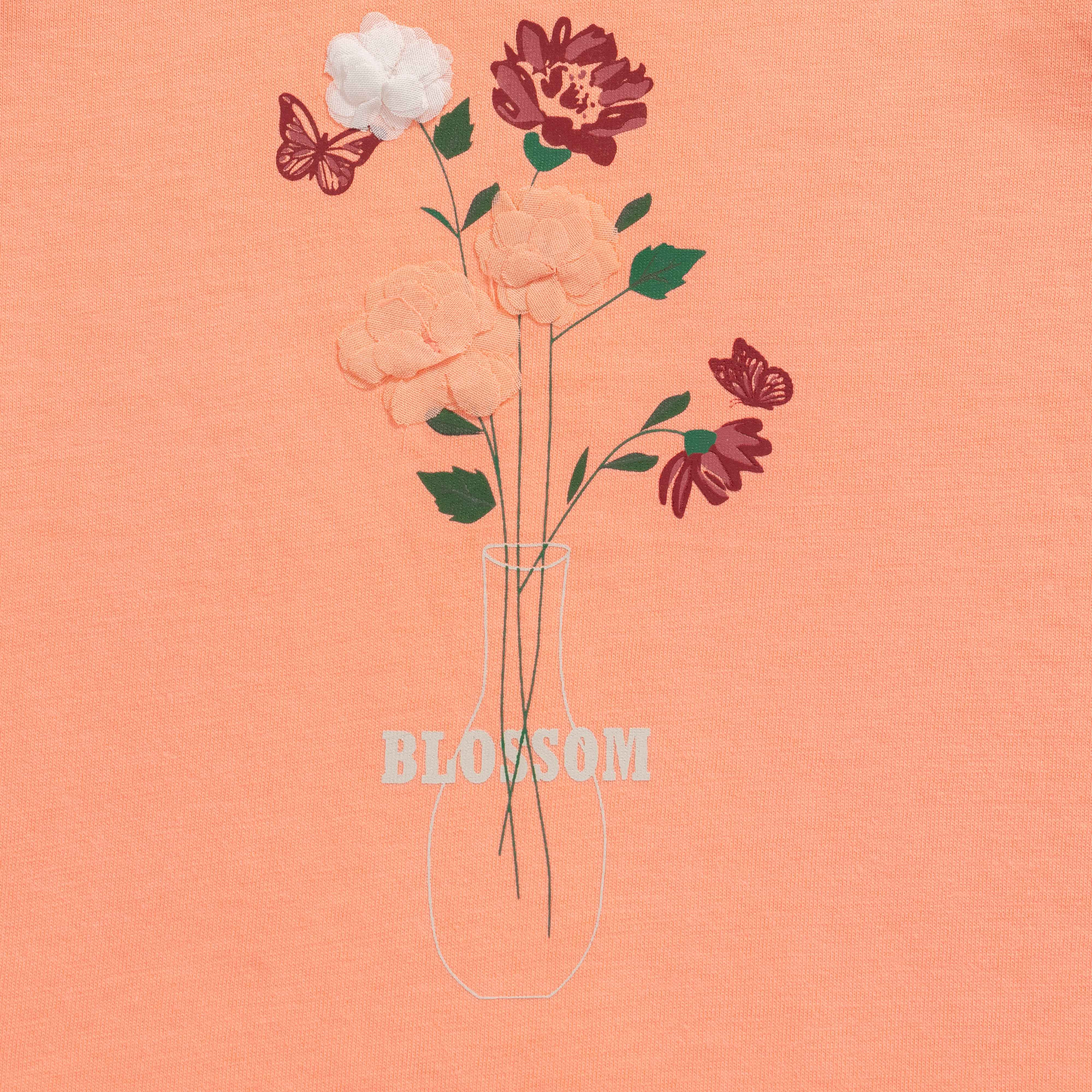 "Baby Girls Peach Ruffle Sleeve T-Shirt with Floral 'Blossom' Print – Soft Cotton Tee"