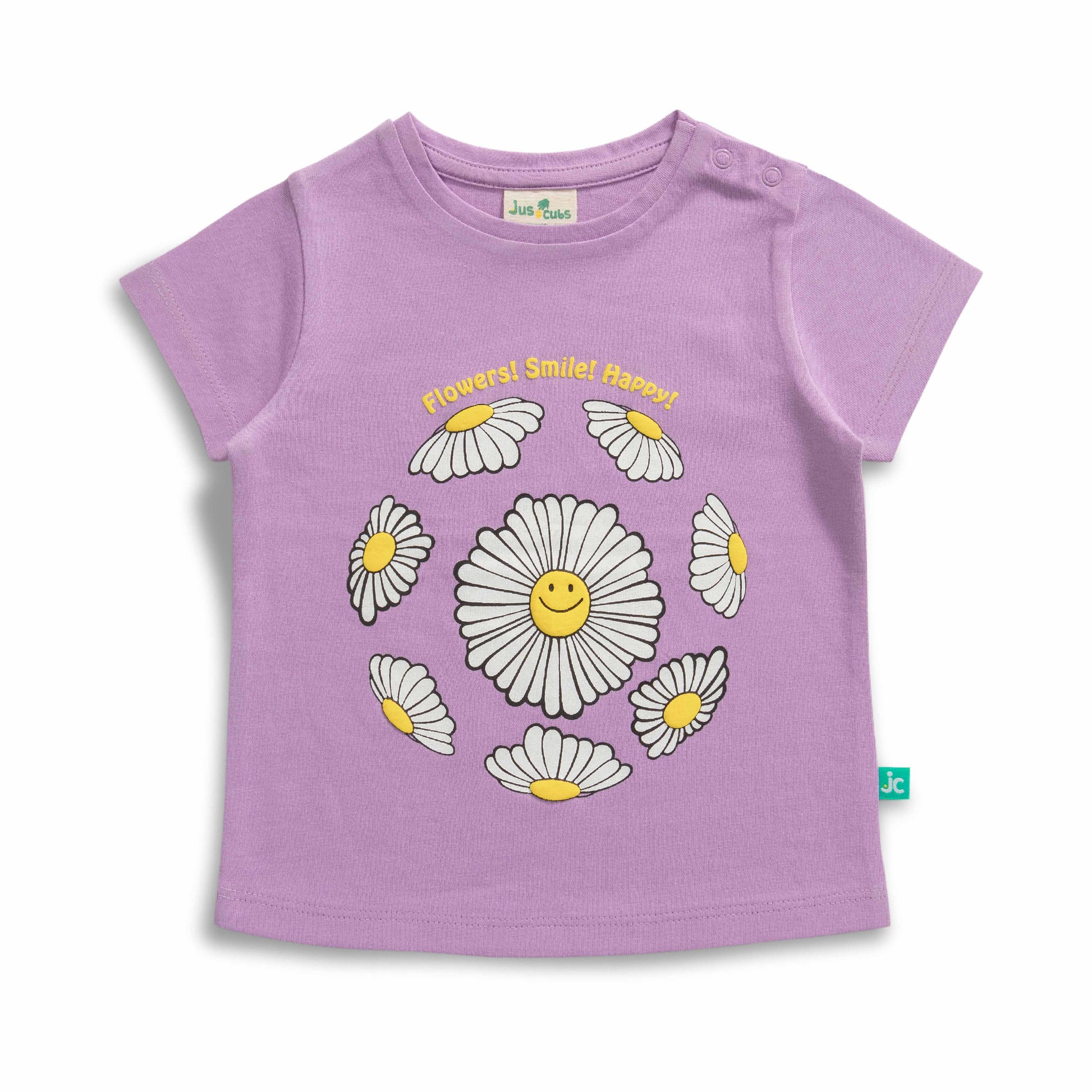 "Baby Girls Pink T-Shirt with Smiley Daisy Print – 'Flowers! Smile! Happy!' Design"