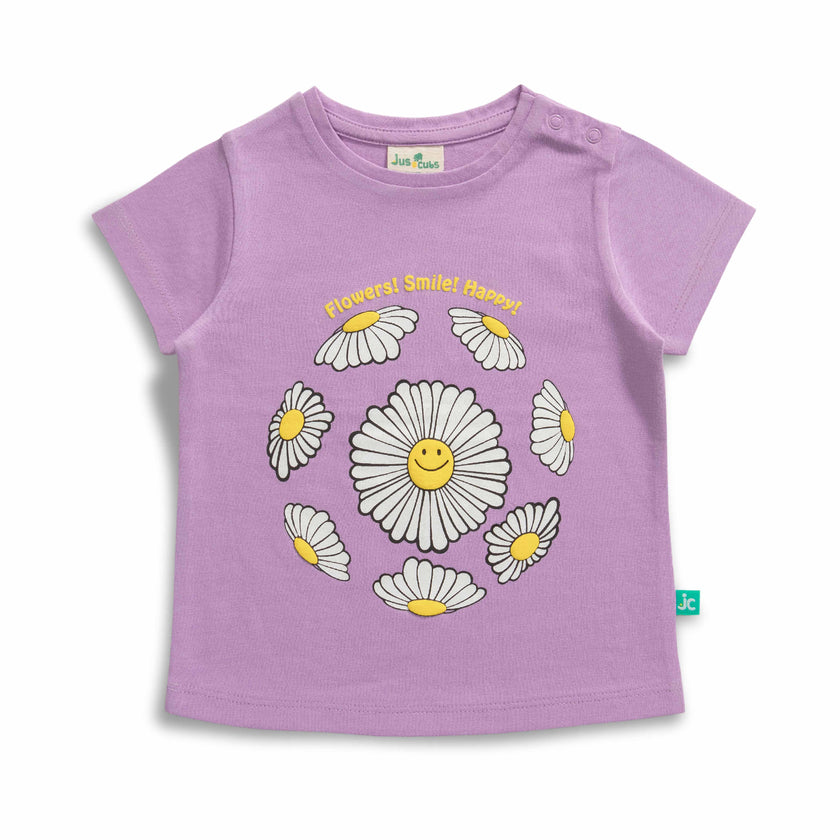 "Baby Girls Pink T-Shirt with Smiley Daisy Print – 'Flowers! Smile! Happy!' Design"