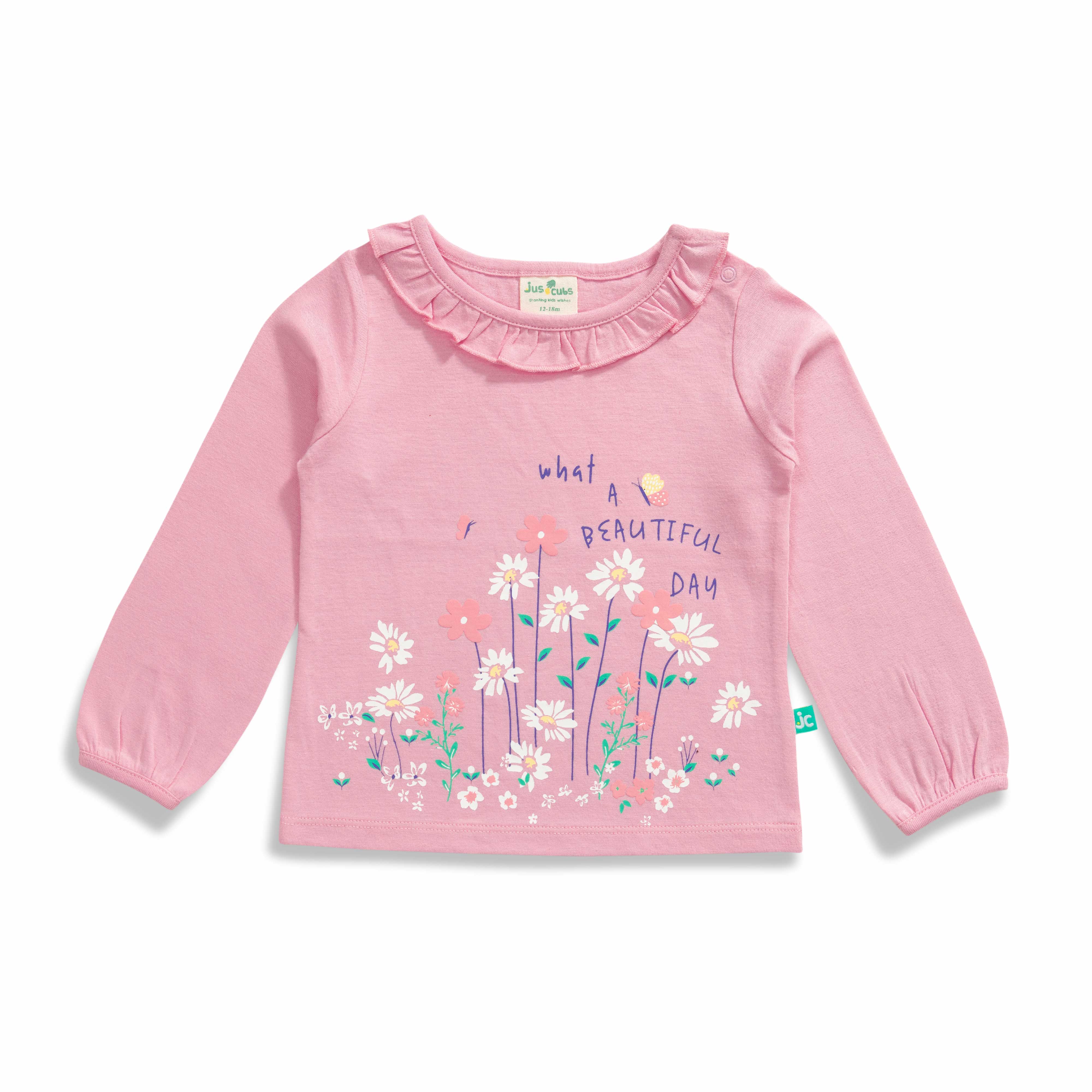 Baby Girls' Pink Full Sleeve Cotton T-Shirt with Floral Print