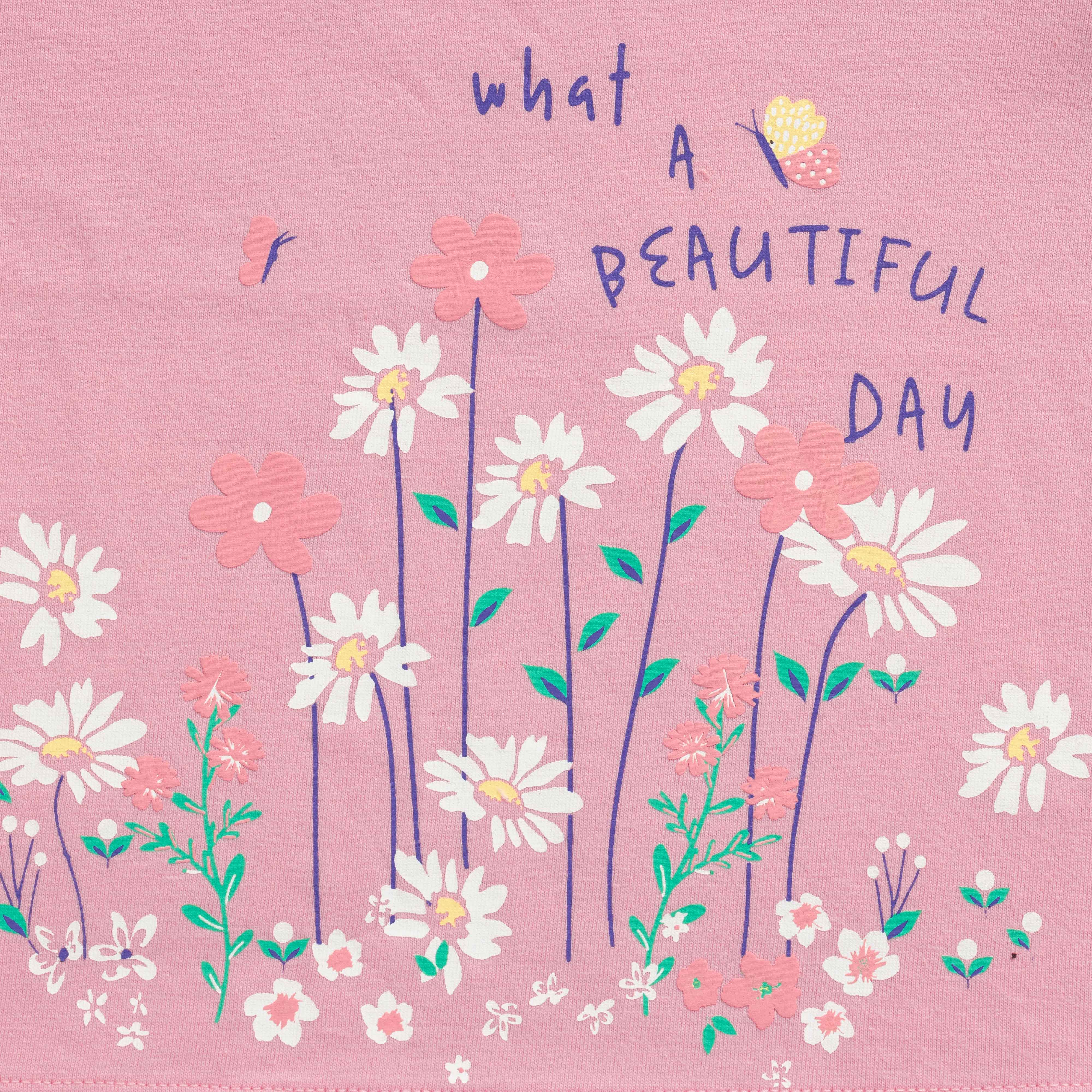 "Baby Girls' Pink Full Sleeve Cotton T-Shirt with Floral Print & Ruffle Neck – 'What a Beautiful Day' Design"
