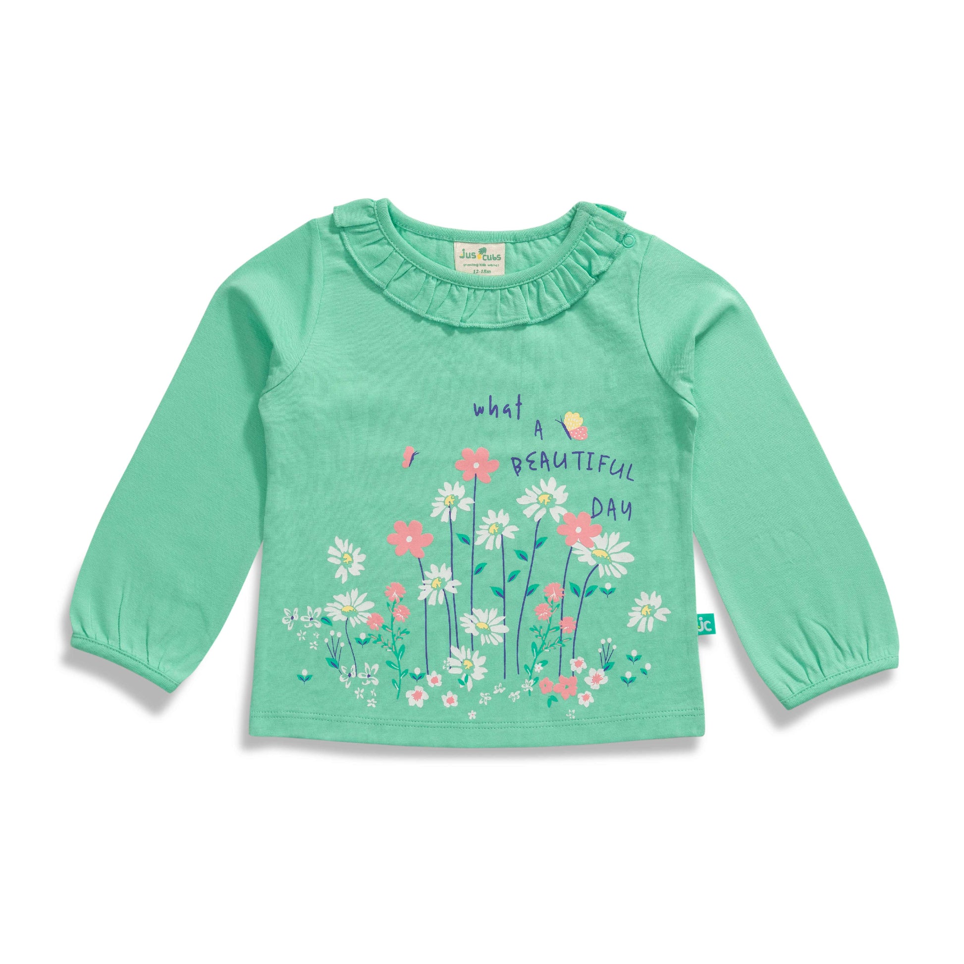 "Baby Girls' Green Full Sleeve Cotton T-Shirt with Floral Print & Ruffle Neck – 'What a Beautiful Day' Design"