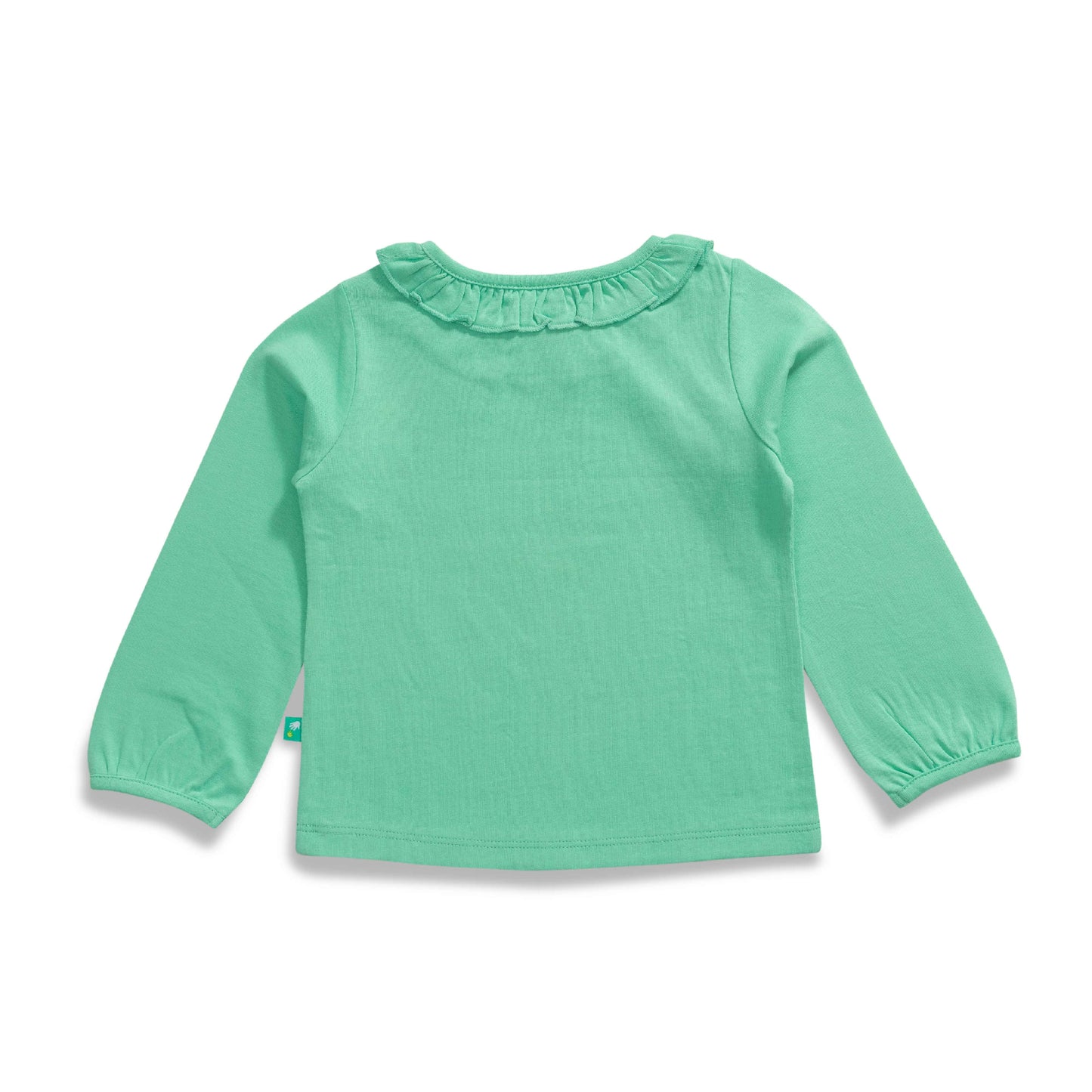 "Baby Girls' Green Full Sleeve Cotton T-Shirt with Floral Print & Ruffle Neck – 'What a Beautiful Day' Design"