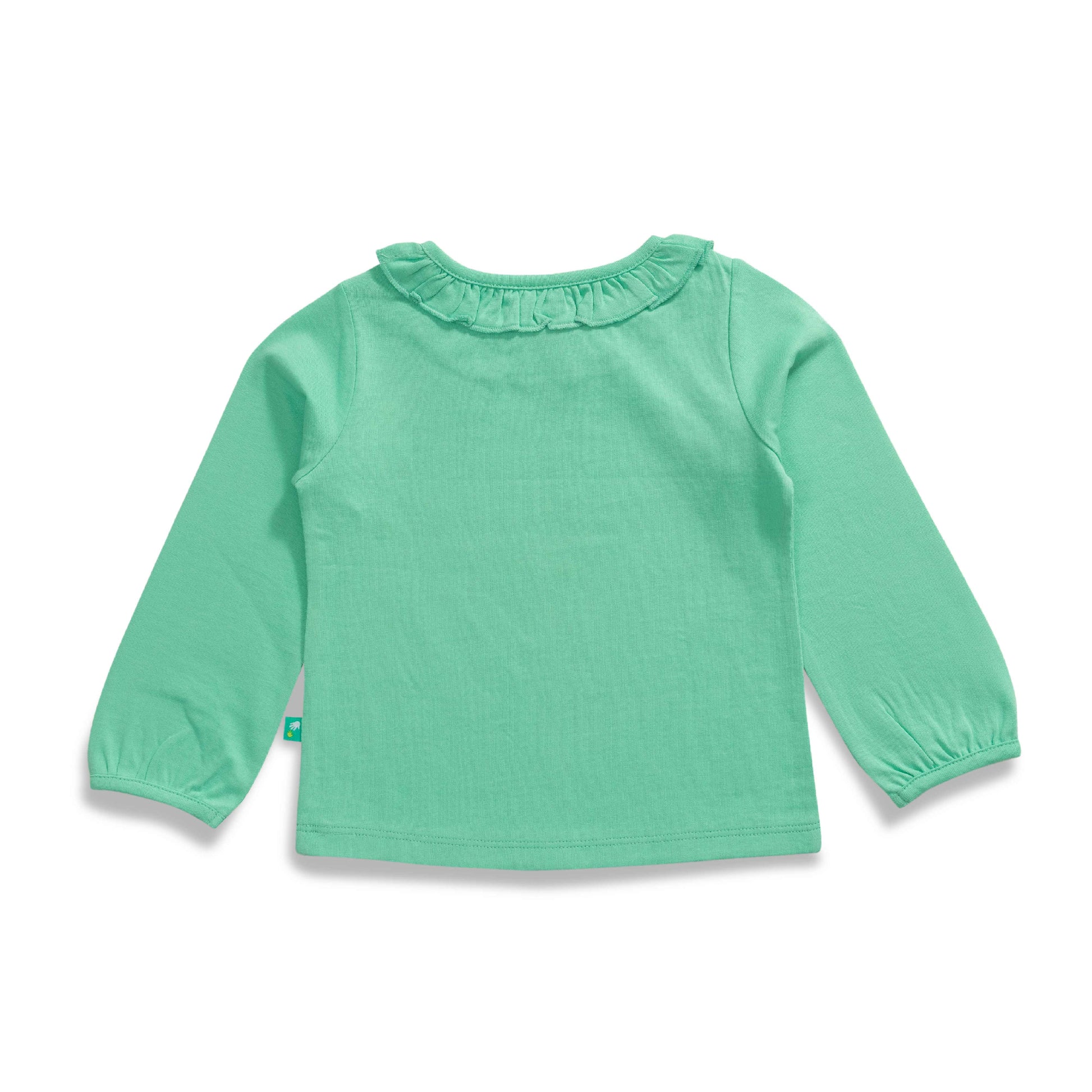 "Baby Girls' Green Full Sleeve Cotton T-Shirt with Floral Print & Ruffle Neck – 'What a Beautiful Day' Design"