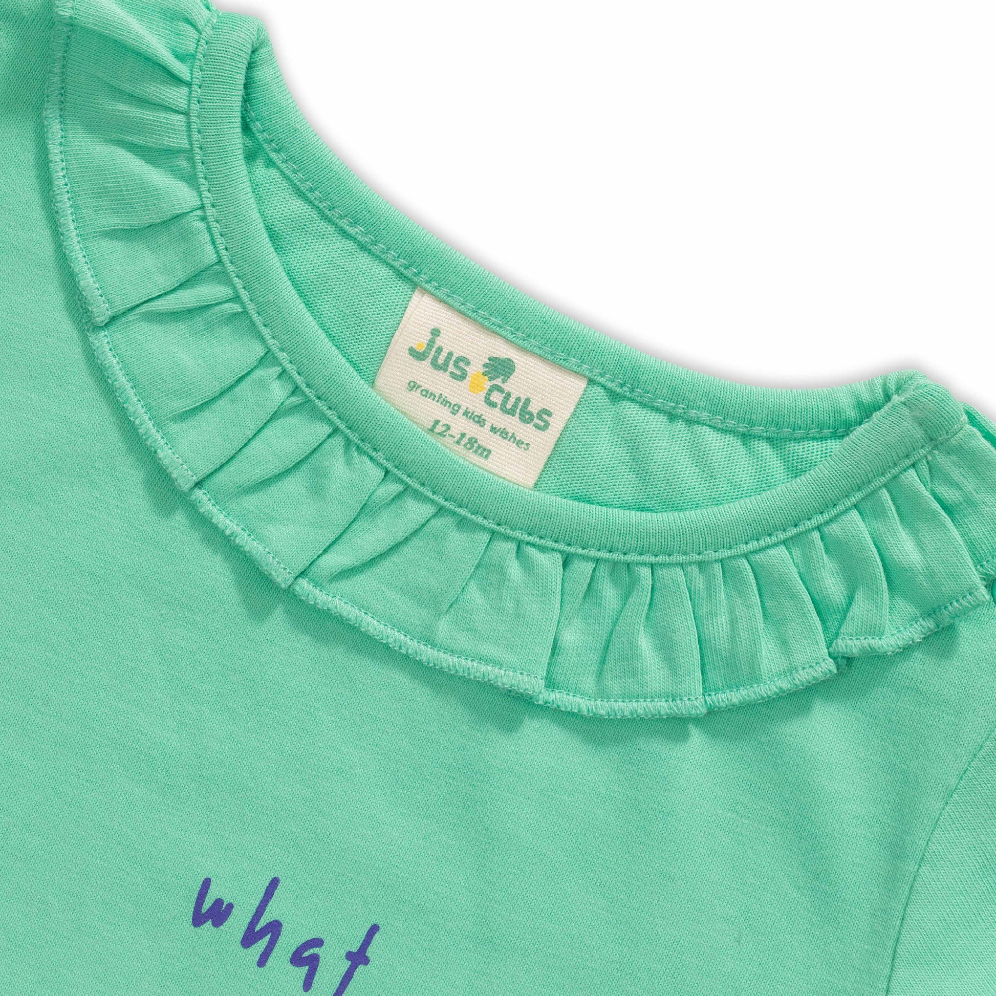 "Baby Girls' Green Full Sleeve Cotton T-Shirt with Floral Print & Ruffle Neck – 'What a Beautiful Day' Design"