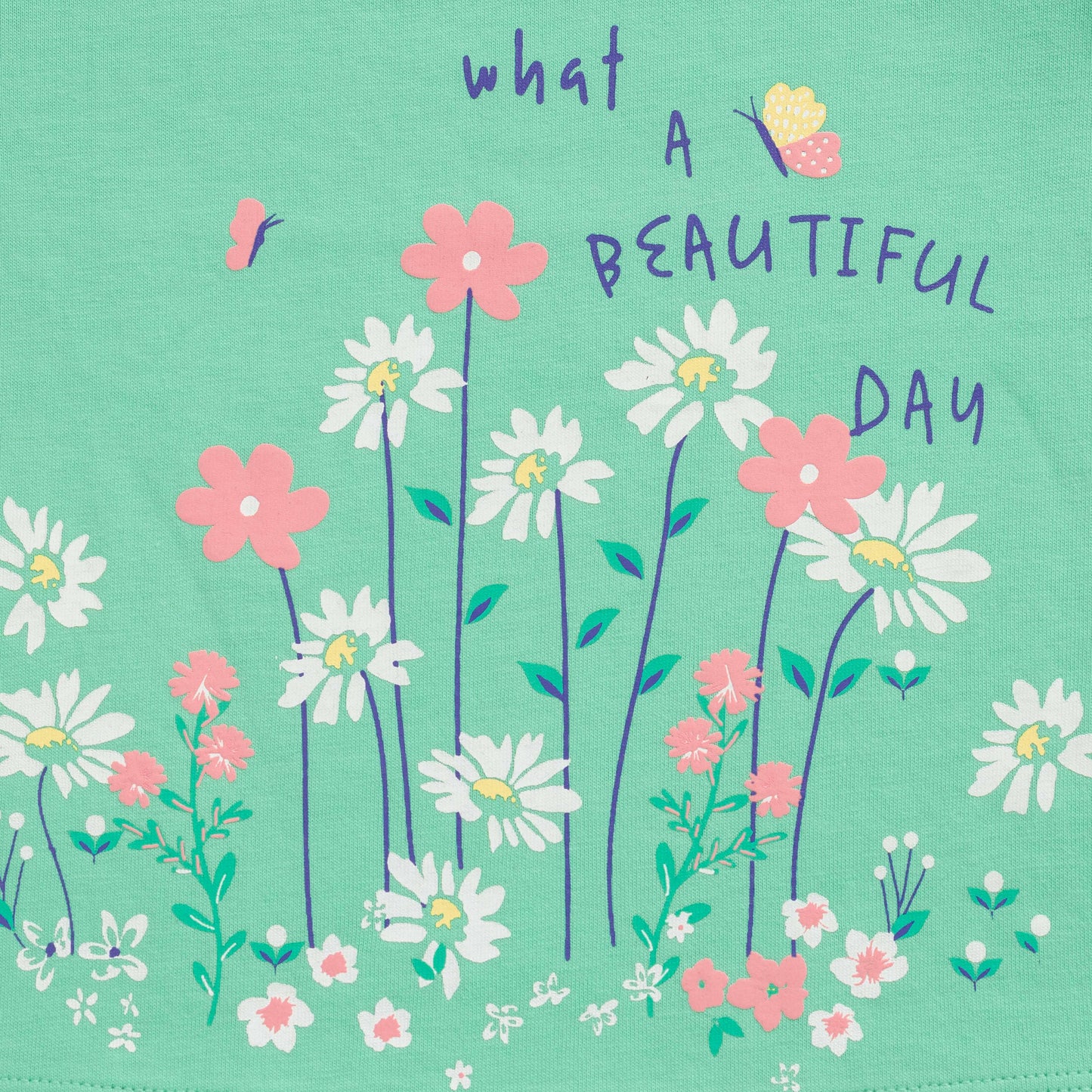 "Baby Girls' Green Full Sleeve Cotton T-Shirt with Floral Print & Ruffle Neck – 'What a Beautiful Day' Design"