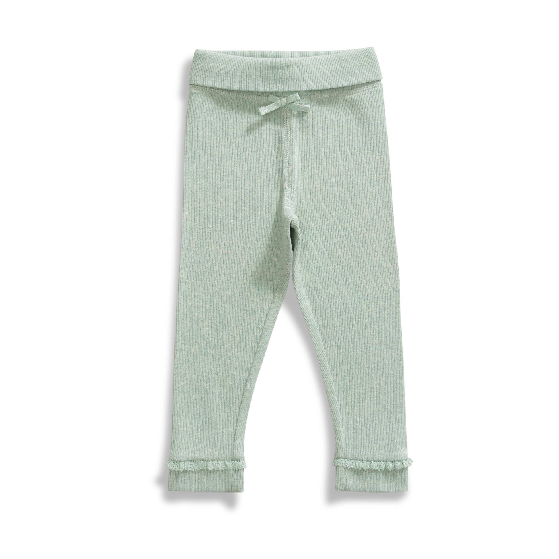 Baby Girls' Soft Ribbed Cotton Leggings – Sage Green with Bow & Ruffle Hem