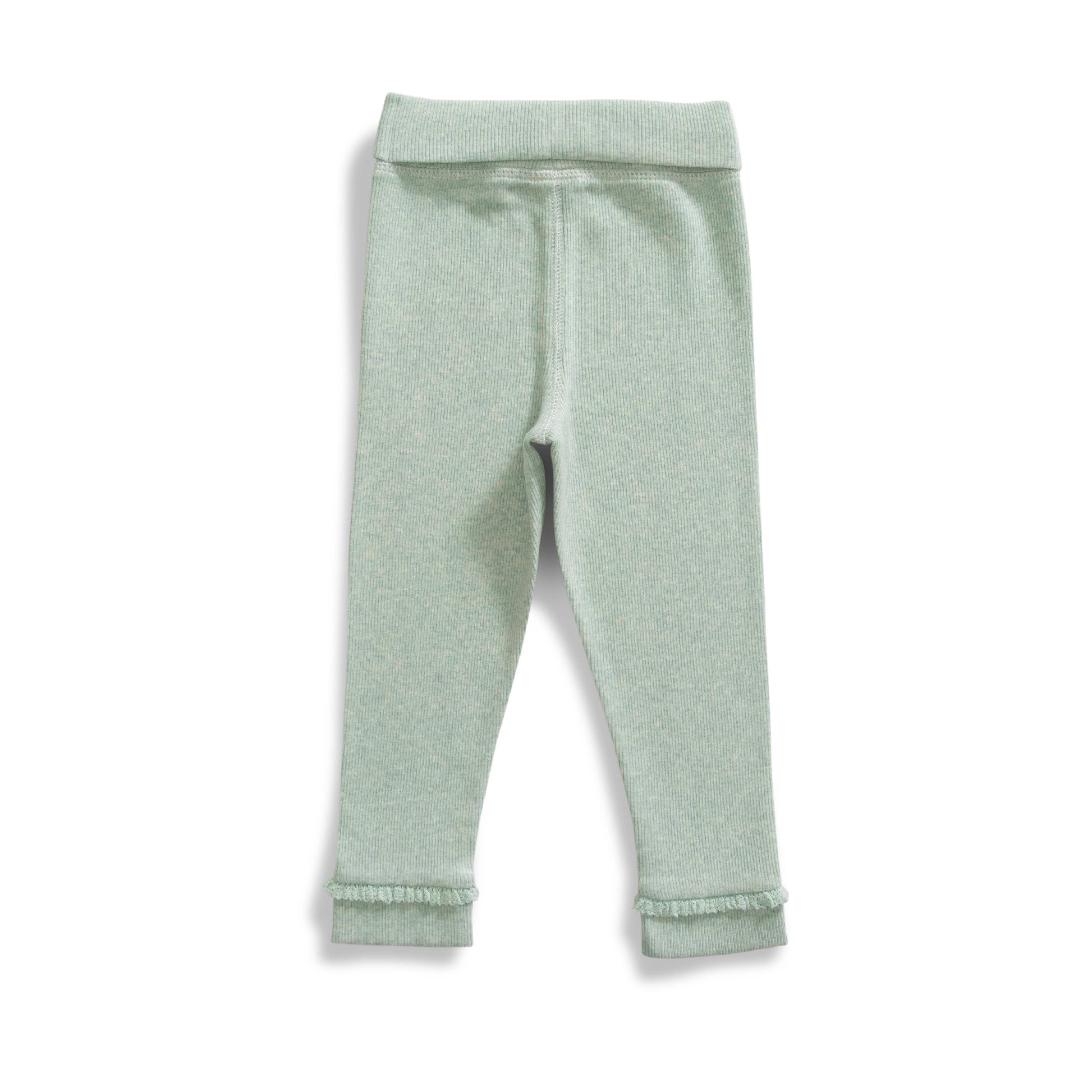 Baby Girls' Soft Ribbed Cotton Leggings – Sage Green with Bow & Ruffle Hem