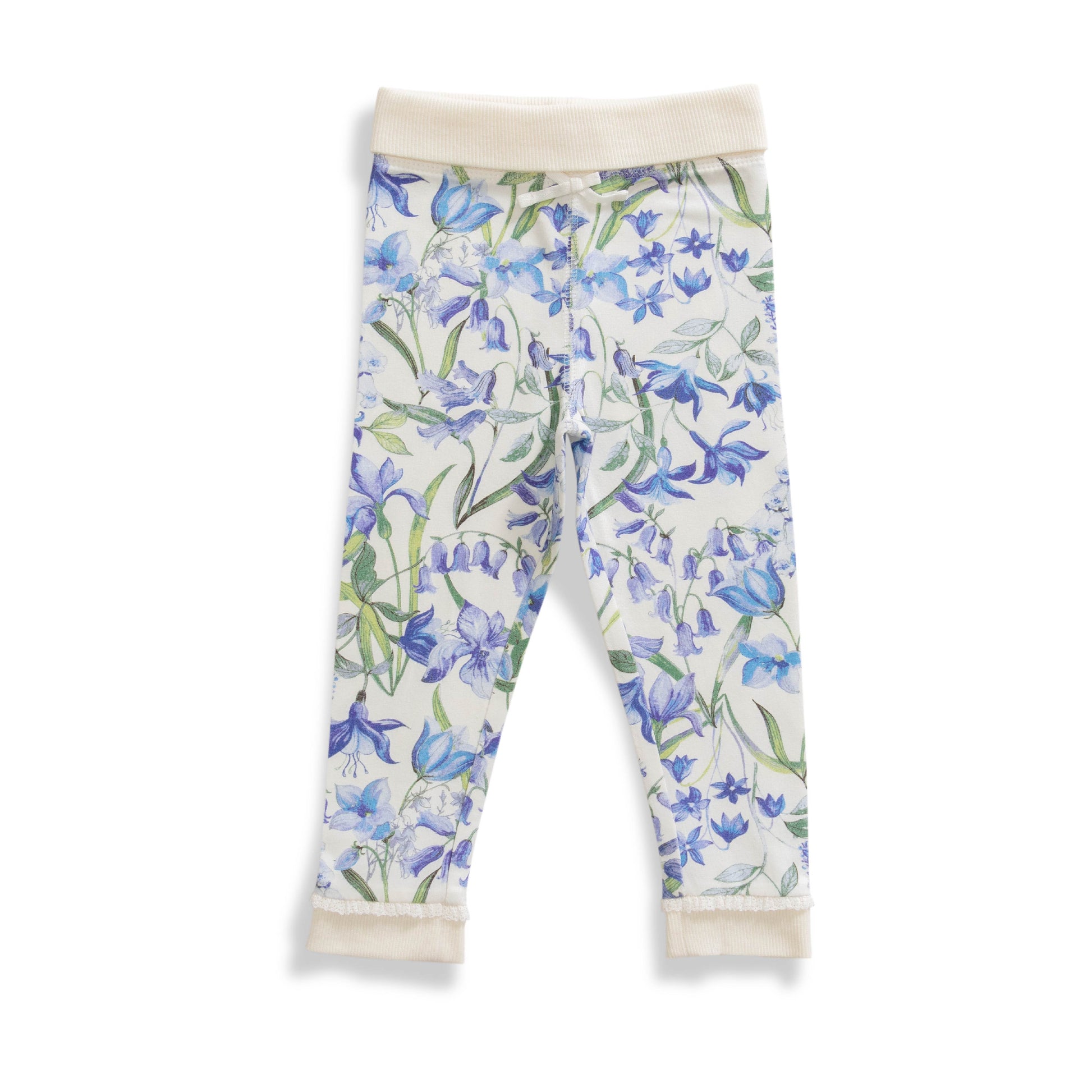 Baby Girls' Floral Print Cotton Leggings – Blue & White, Soft Knit with Ruffle Hem