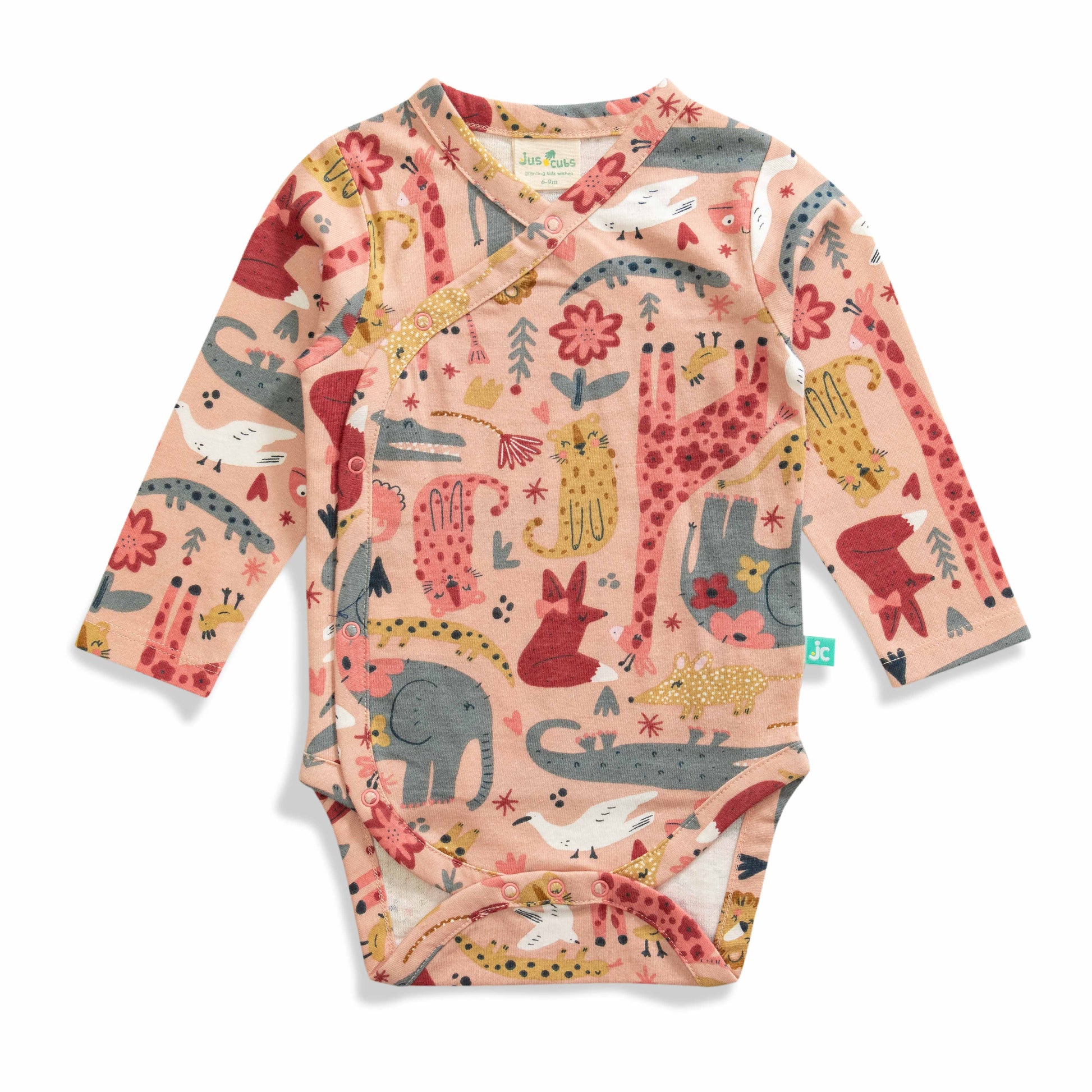 "Baby Girl's Full Sleeve Bodysuit – Soft Cotton Romper with Jungle Animal Print (Peach)"