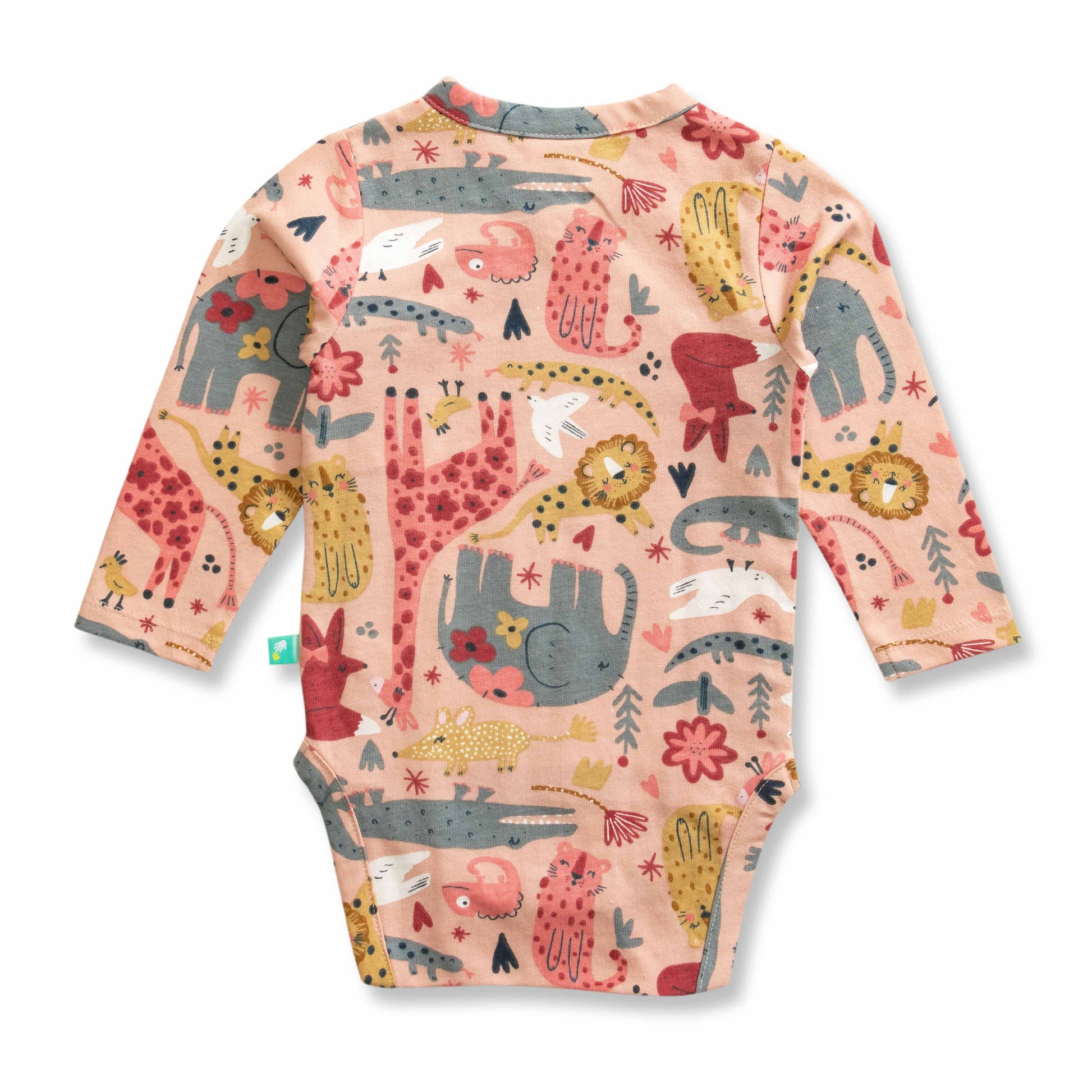 "Baby Girl's Full Sleeve Bodysuit – Soft Cotton Romper with Jungle Animal Print (Peach)"