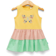 Girls' Yellow Sleeveless Tiered Dress with Butterfly Embroidery