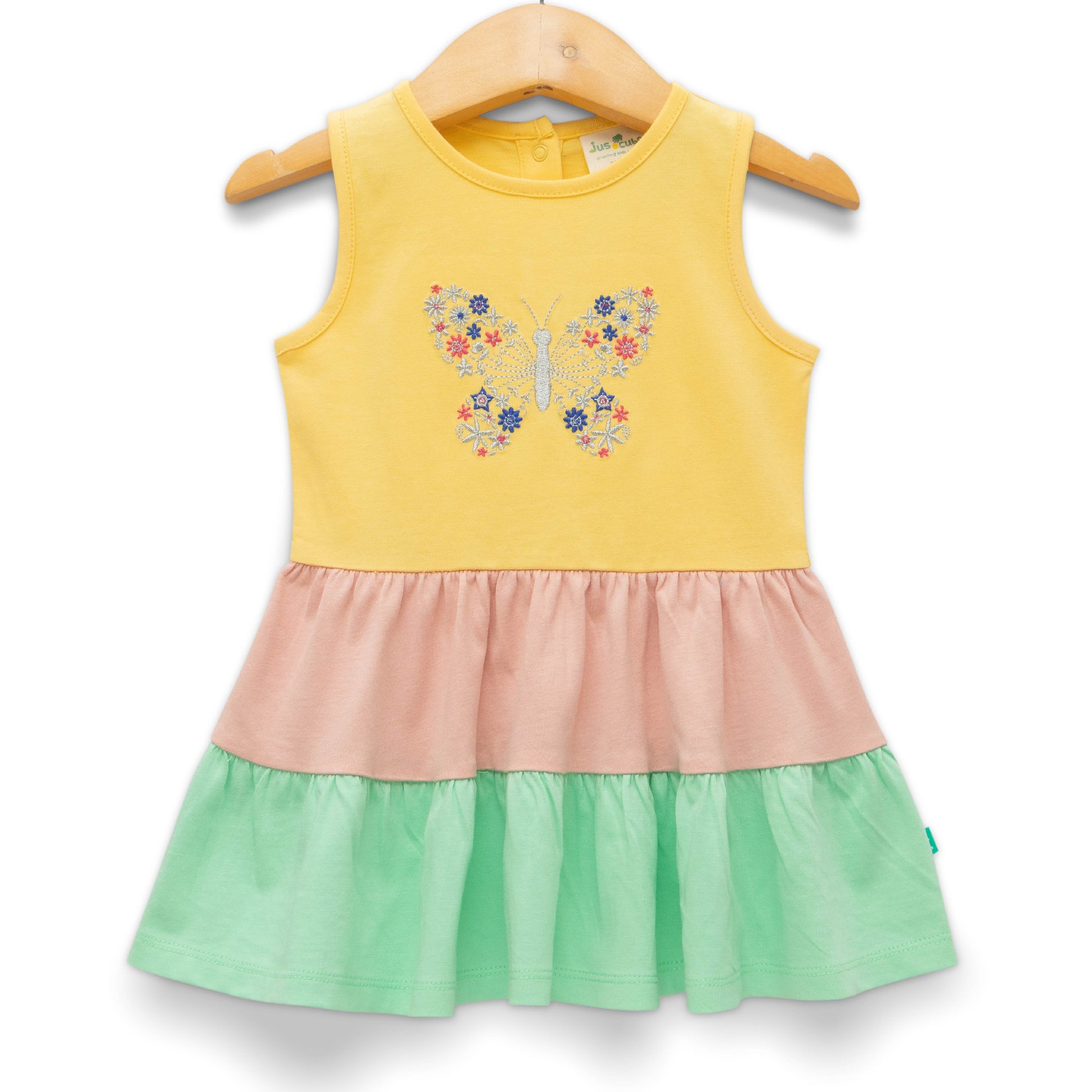 Girls' Yellow Sleeveless Tiered Dress with Butterfly Embroidery
