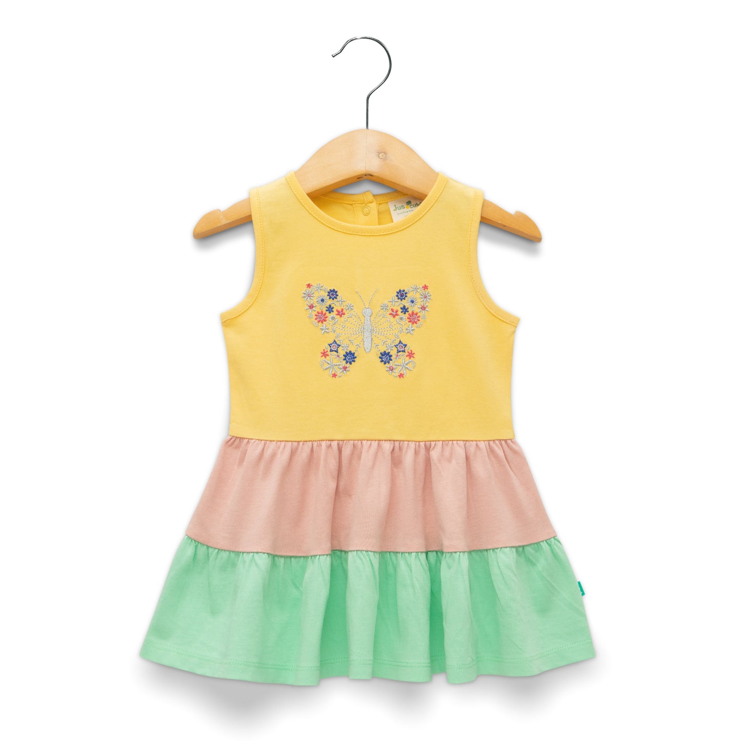 Girls' Yellow Sleeveless Tiered Dress with Butterfly Embroidery