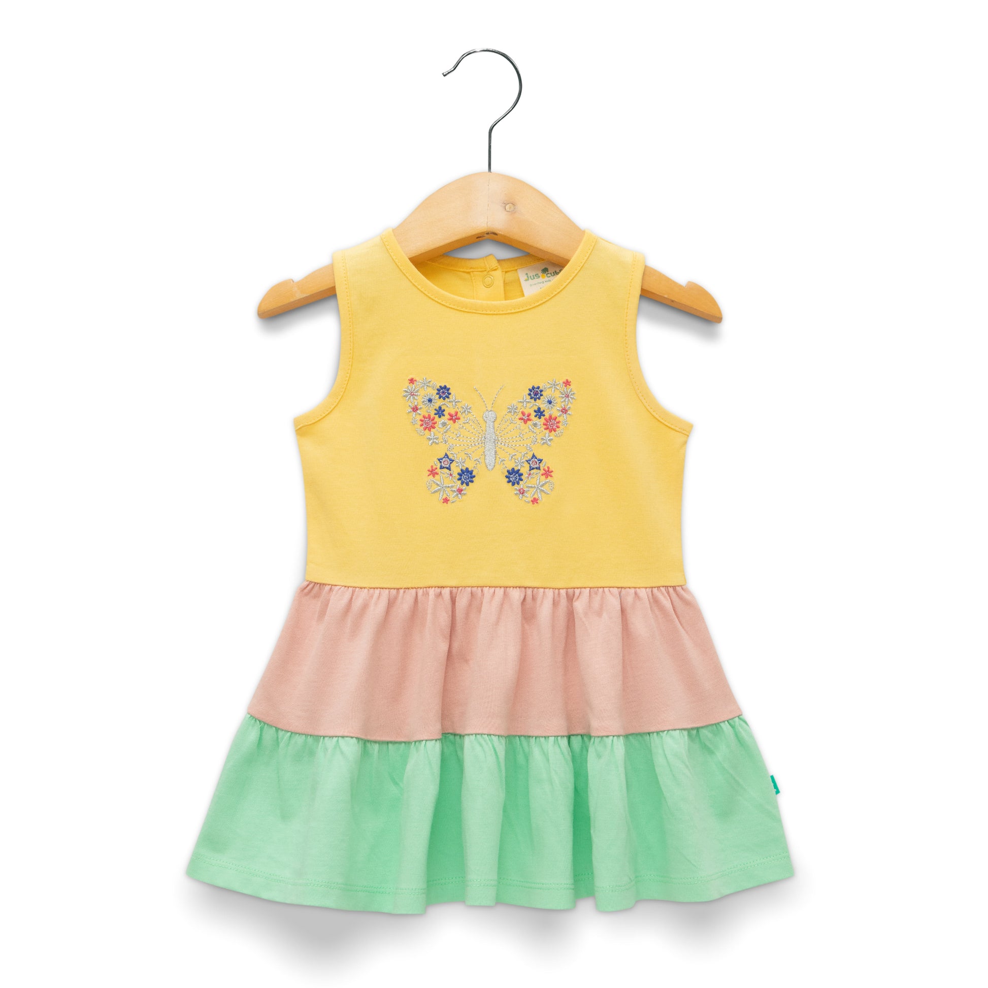 Girls' Yellow Sleeveless Tiered Dress with Butterfly Embroidery