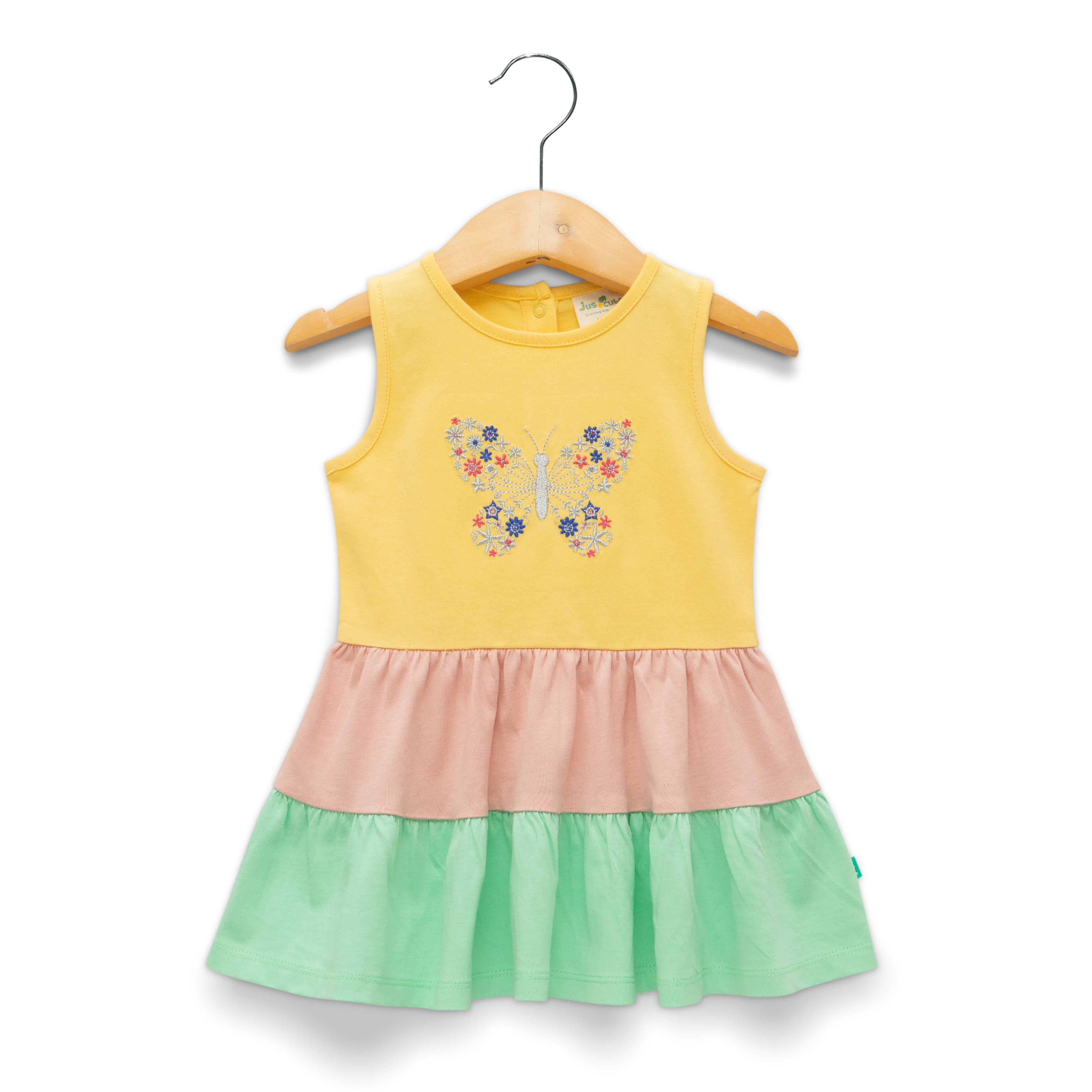 Girls' Yellow Sleeveless Tiered Dress with Butterfly Embroidery
