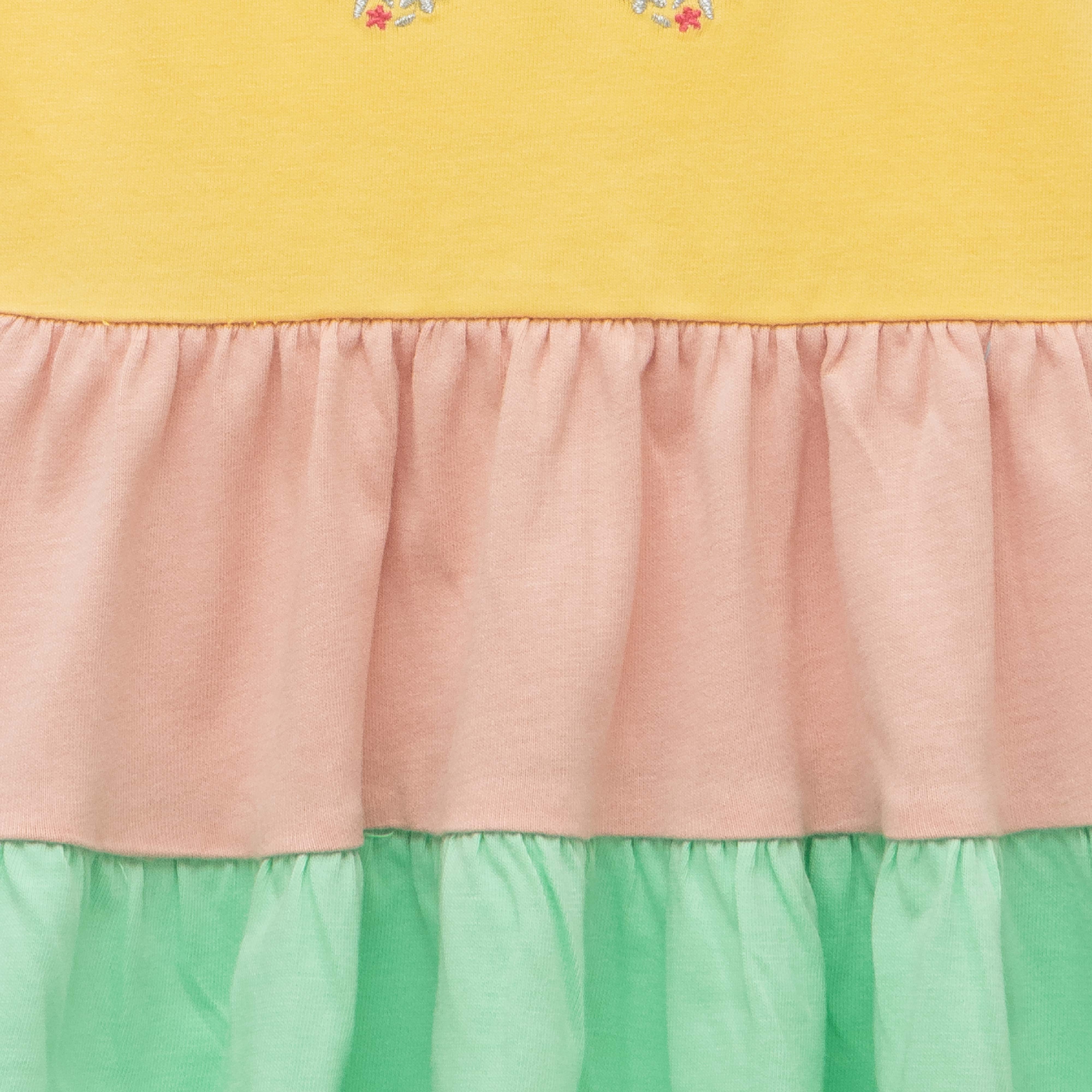 Girls' Yellow Sleeveless Tiered Dress with Butterfly Embroidery