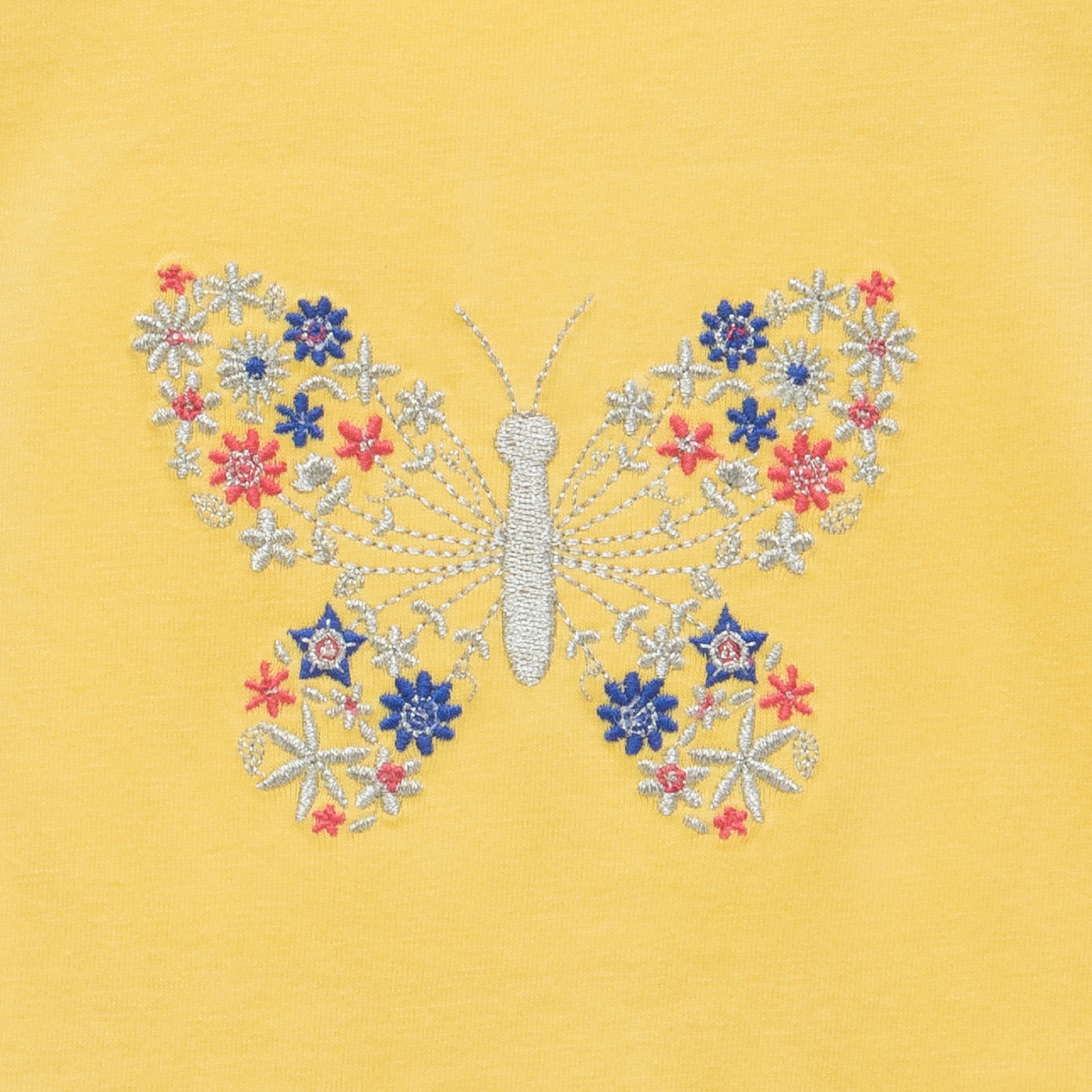 Girls' Yellow Sleeveless Tiered Dress with Butterfly Embroidery
