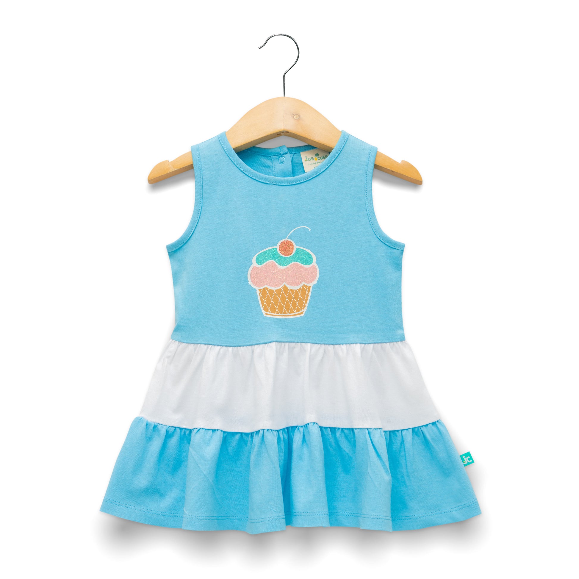 Baby Girls' Blue and White Sleeveless Dress with Cupcake Print