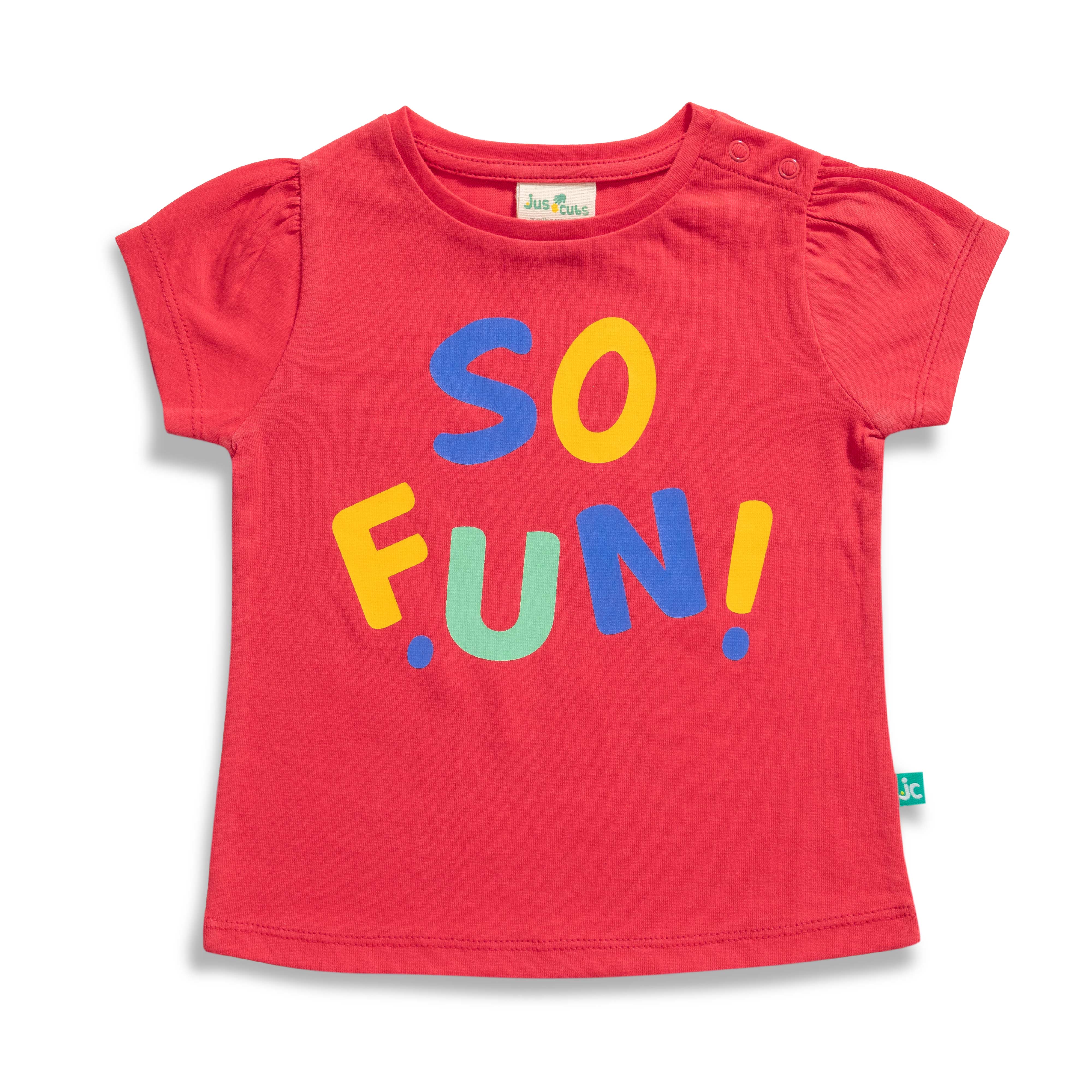 Baby Girls' "So Fun!" Red T-Shirt & Blue Ruffle Shorts Set – Casual Summer Outfit
