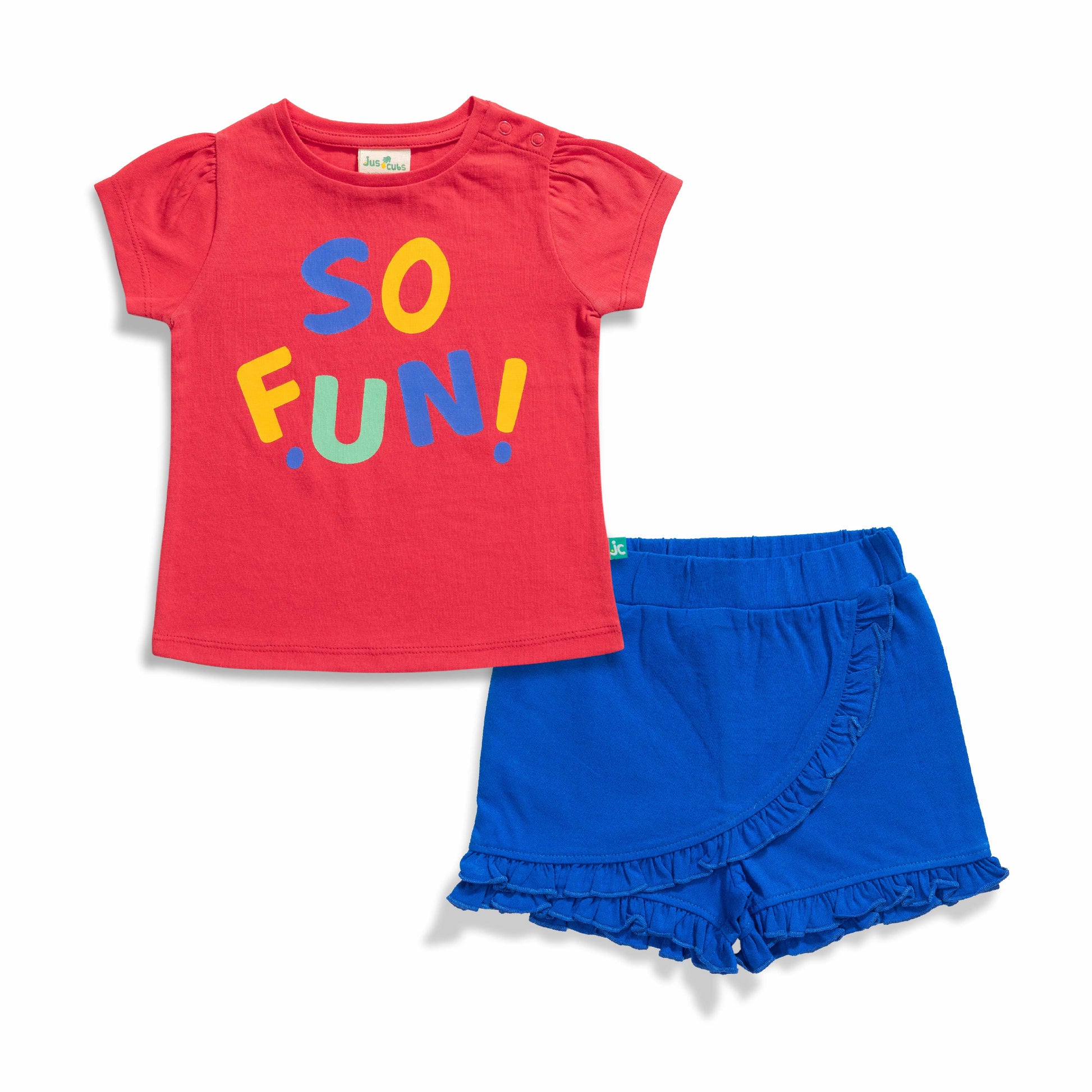 Baby Girls' "So Fun!" Red T-Shirt & Blue Ruffle Shorts Set – Casual Summer Outfit