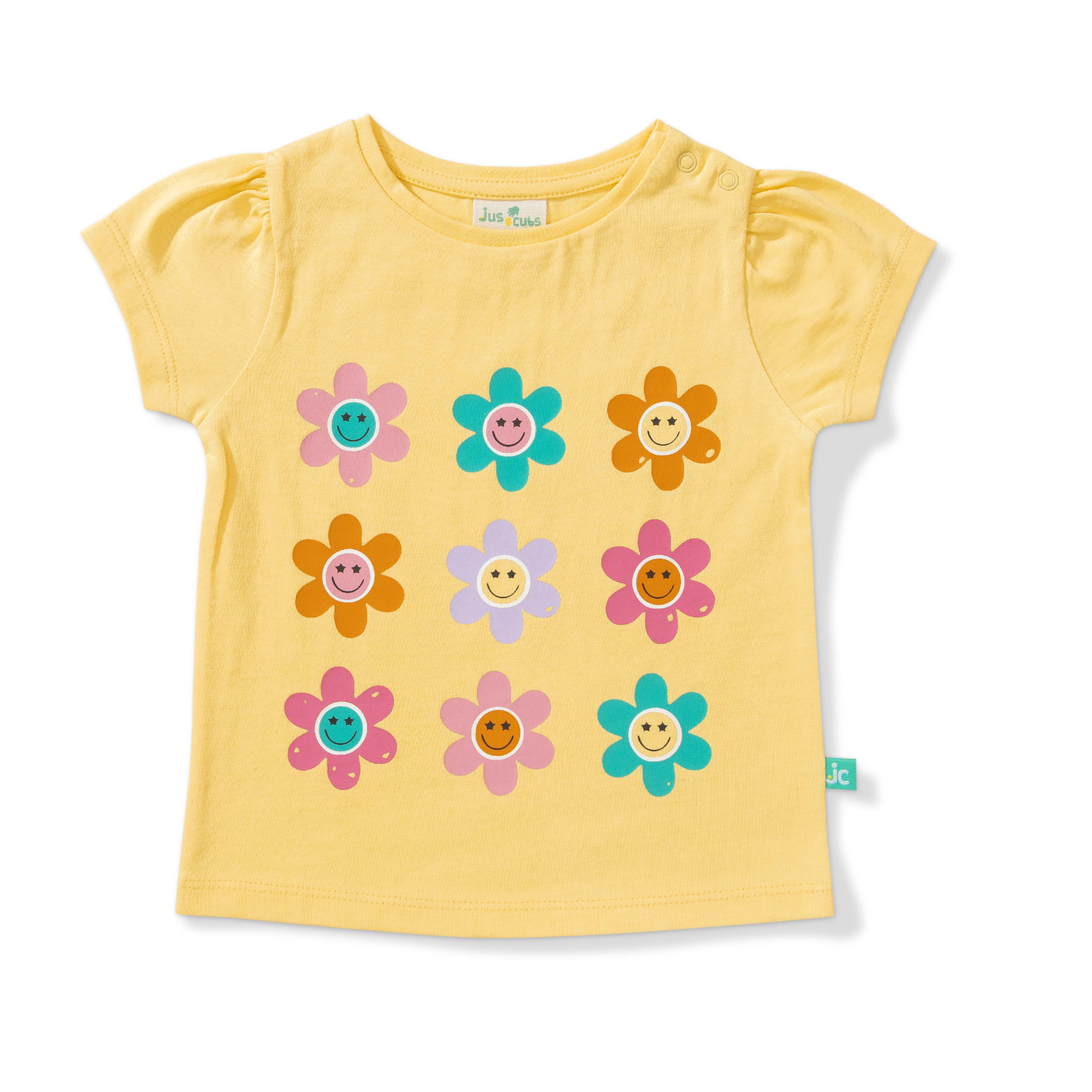 Baby Girls' Floral Fun Outfit Set – Yellow Smiley Flower T-Shirt & Pink Shorts, Cute & Comfortable Summer Wear