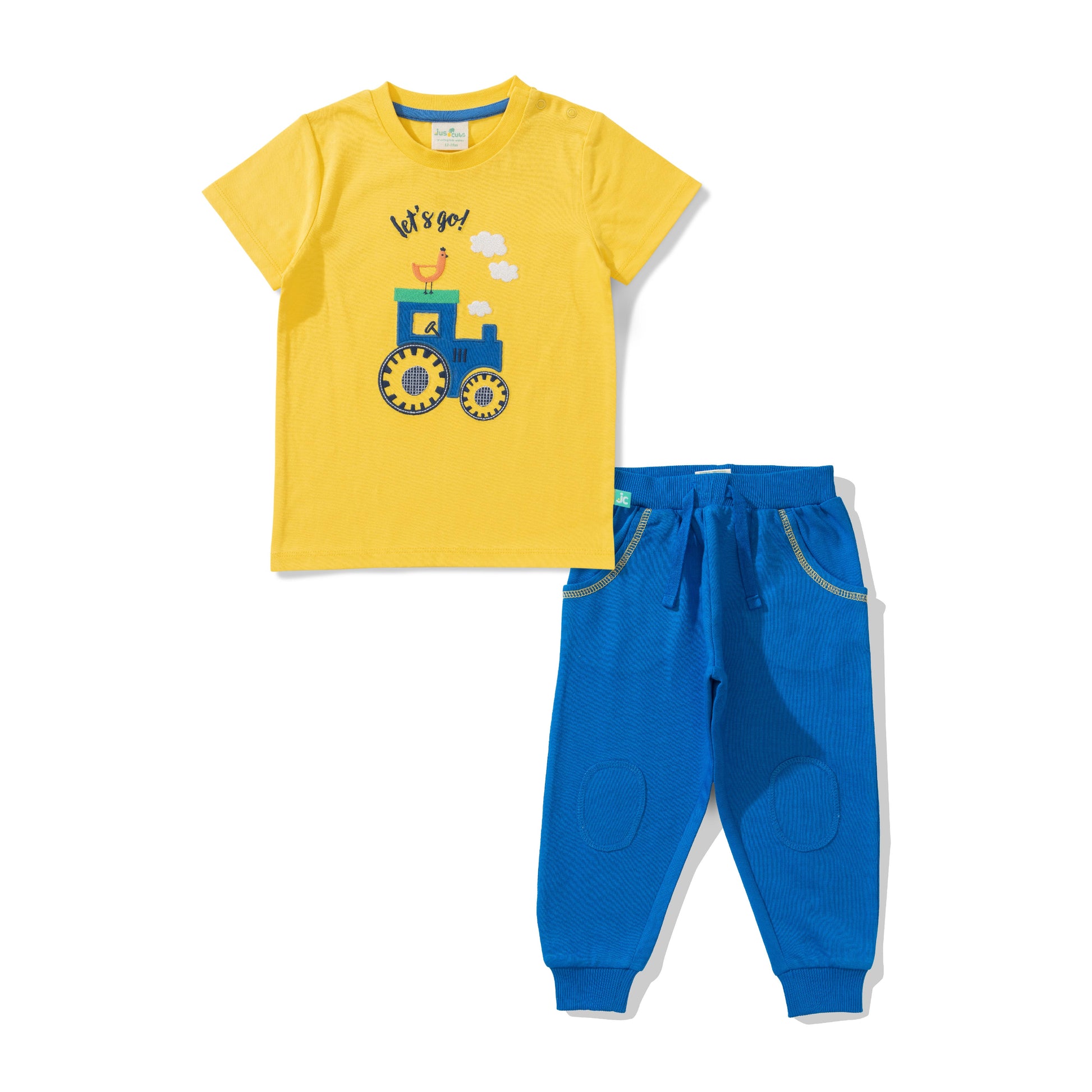 "Baby Boys' Yellow Tractor Print T-Shirt & Blue Jogger Pant Set – Cotton Co-ord Outfit"