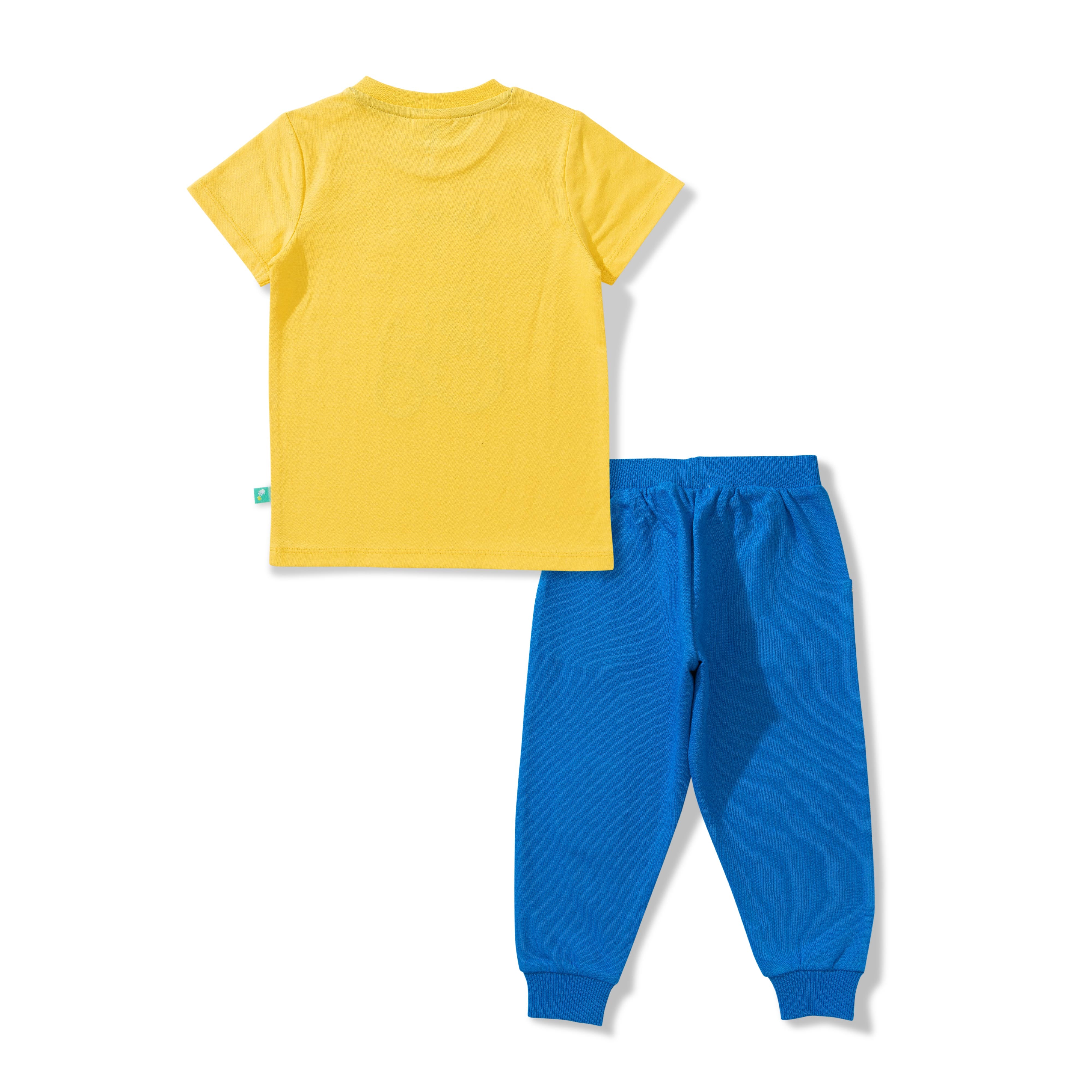 "Baby Boys' Yellow Tractor Print T-Shirt & Blue Jogger Pant Set – Cotton Co-ord Outfit"