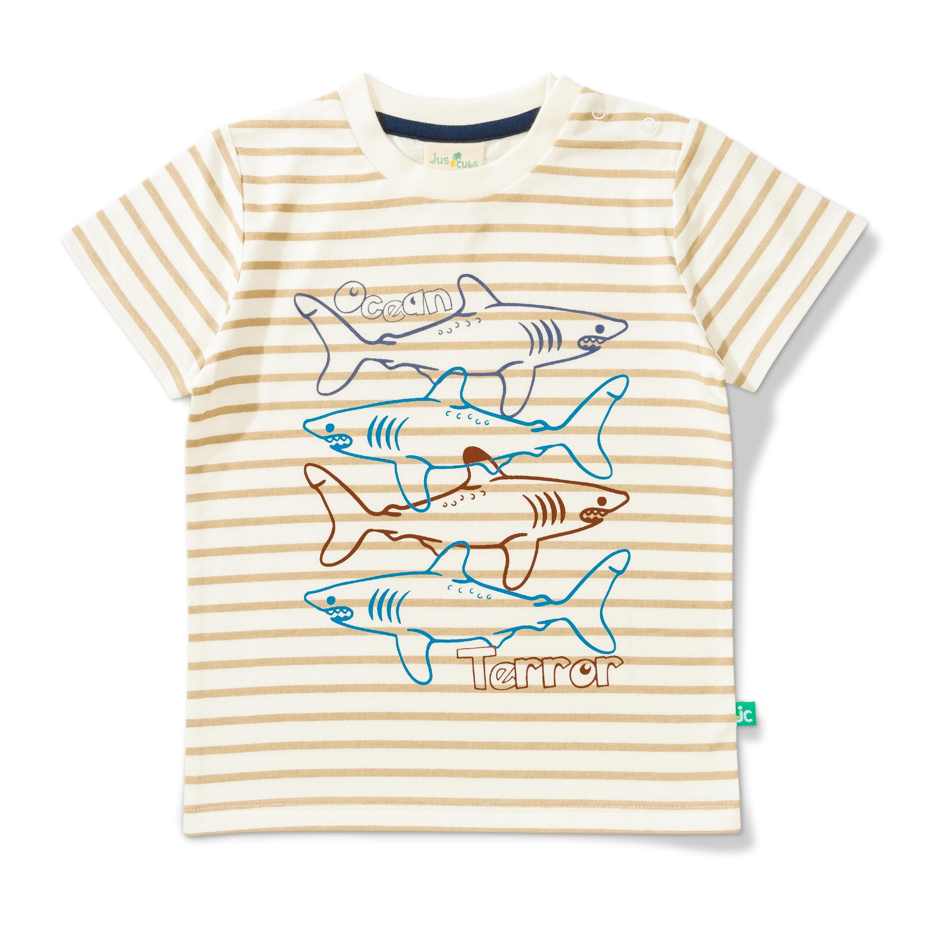 "Baby Boys' Striped Shark Print T-Shirt – Ocean Terror Graphic Tee Beige"