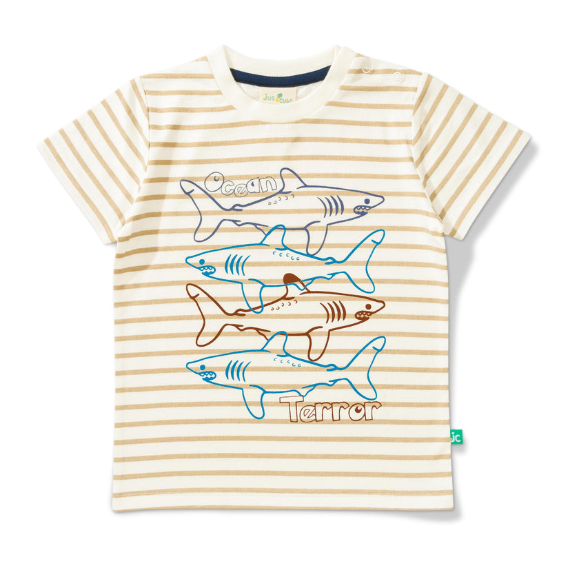 "Baby Boys' Striped Shark Print T-Shirt – Ocean Terror Graphic Tee Beige"