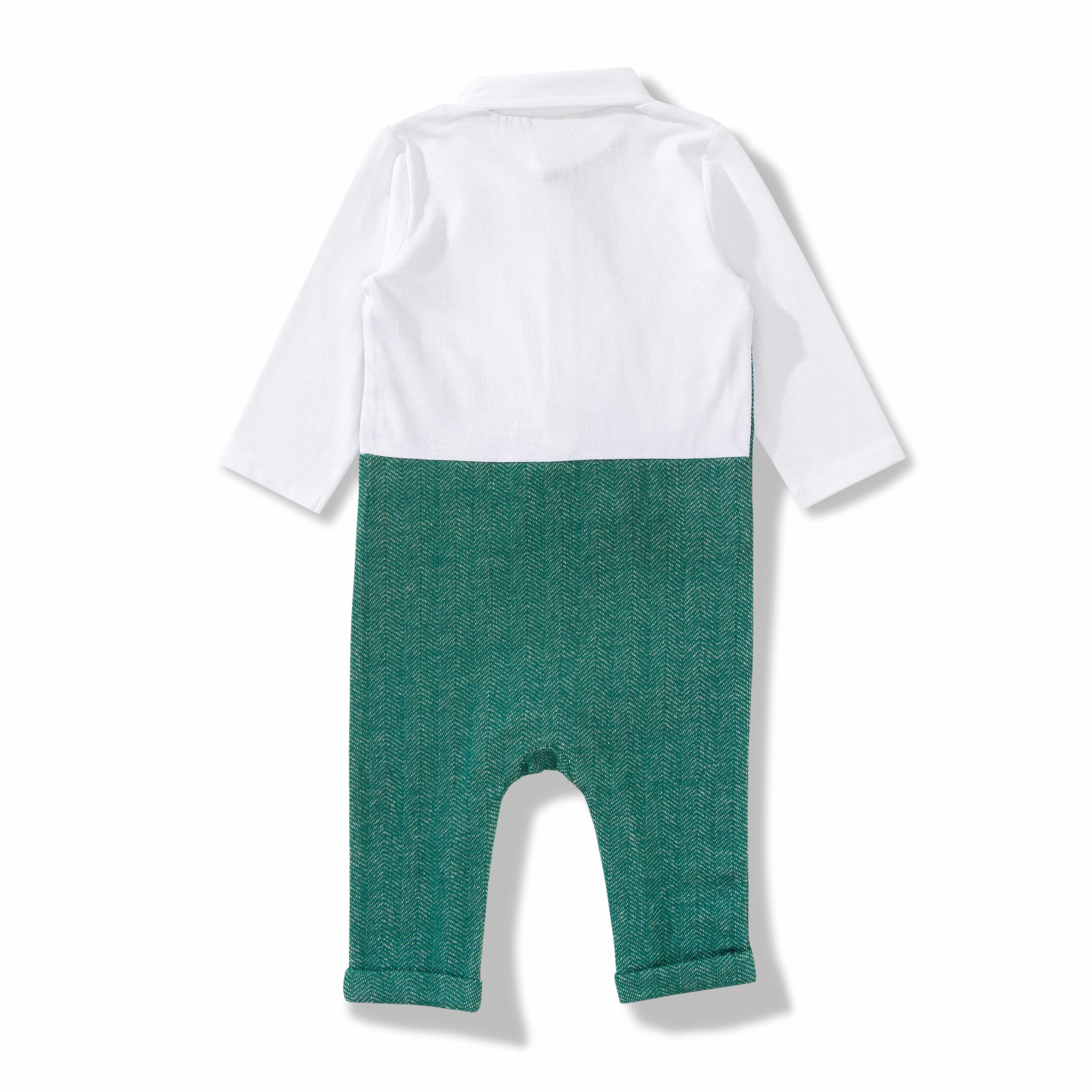Baby Boys’ Formal Romper with Vest & Bow Tie – Green Tuxedo Style One-Piece