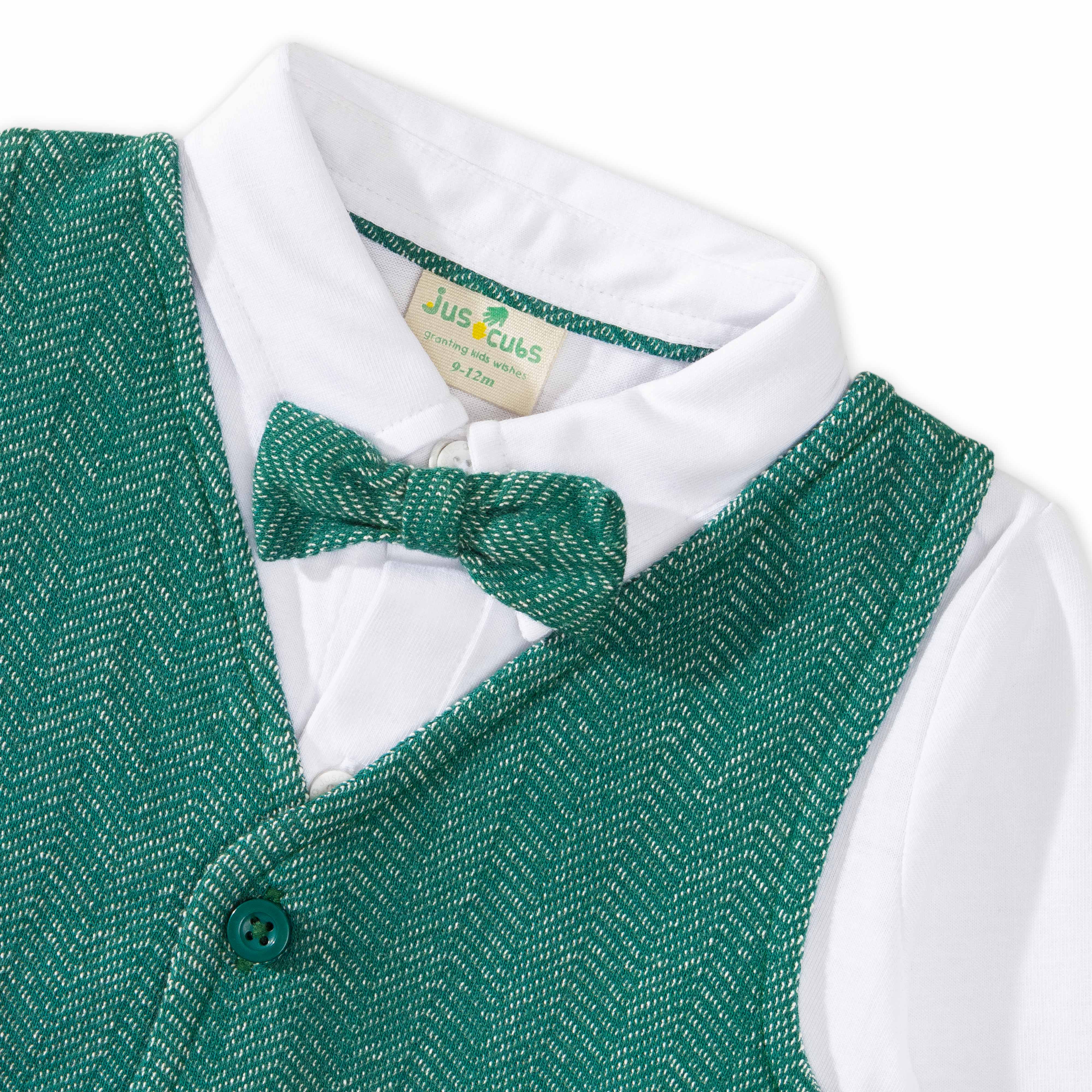 Baby Boys’ Formal Romper with Vest & Bow Tie – Green Tuxedo Style One-Piece