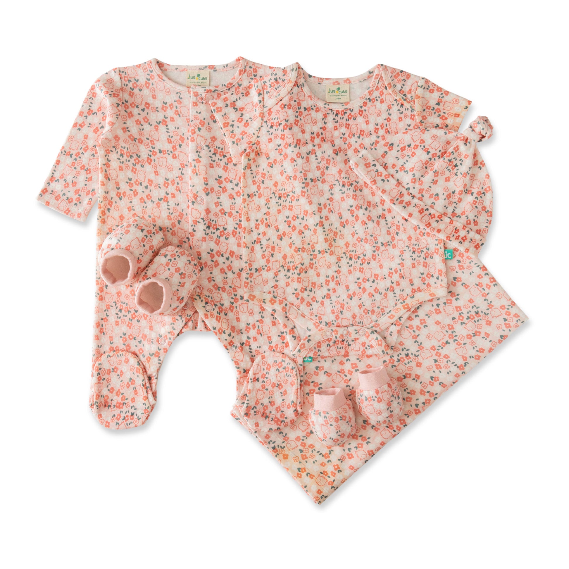 "*-Piece Unisex Baby's Essentials Gift Set – Floral Print Bodysuit, Footie, cap, Blanket, Mittens, Booties & Romper"