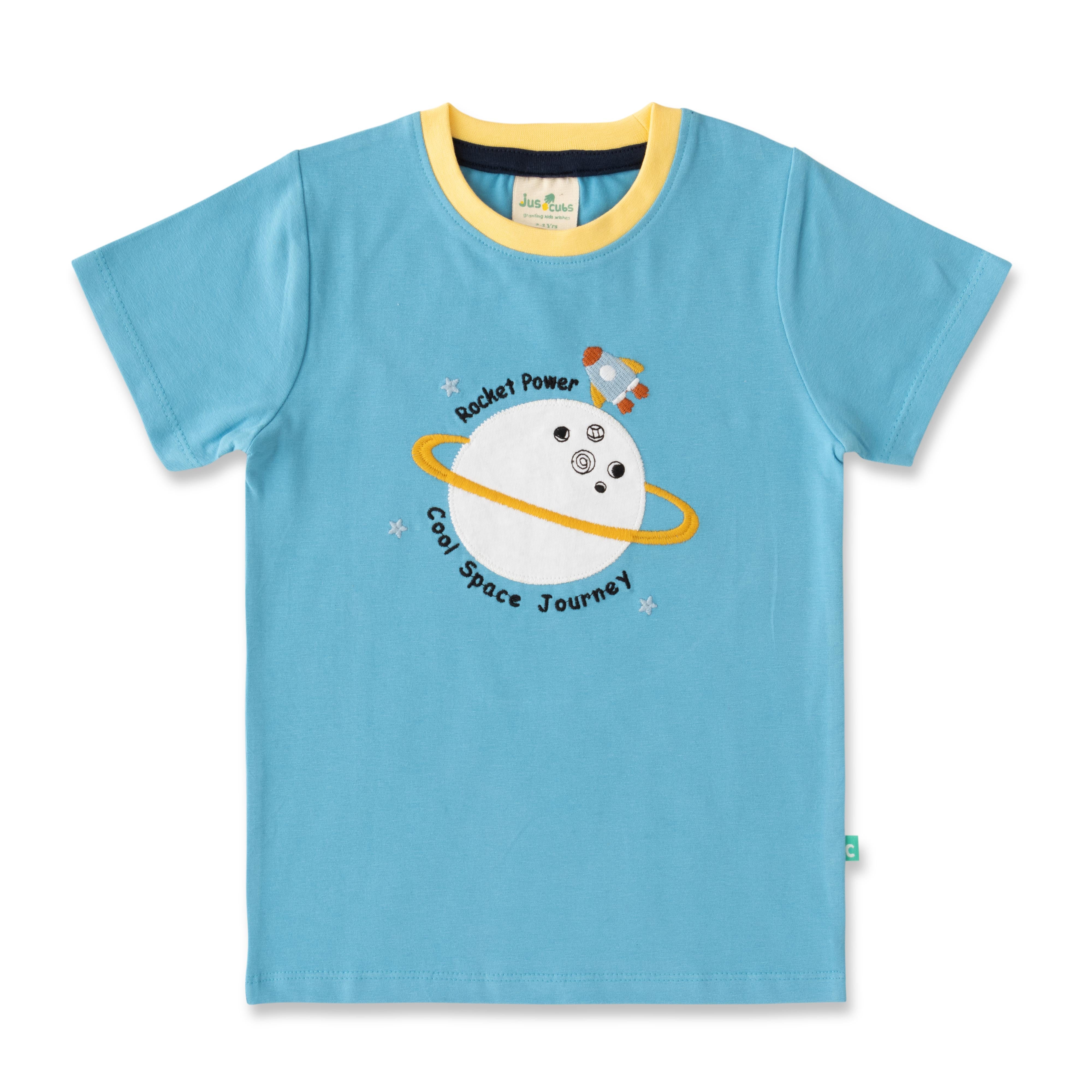 Boys Space-Themed T-Shirt & Shorts Set – Rocket Power Design (Blue & Yellow)