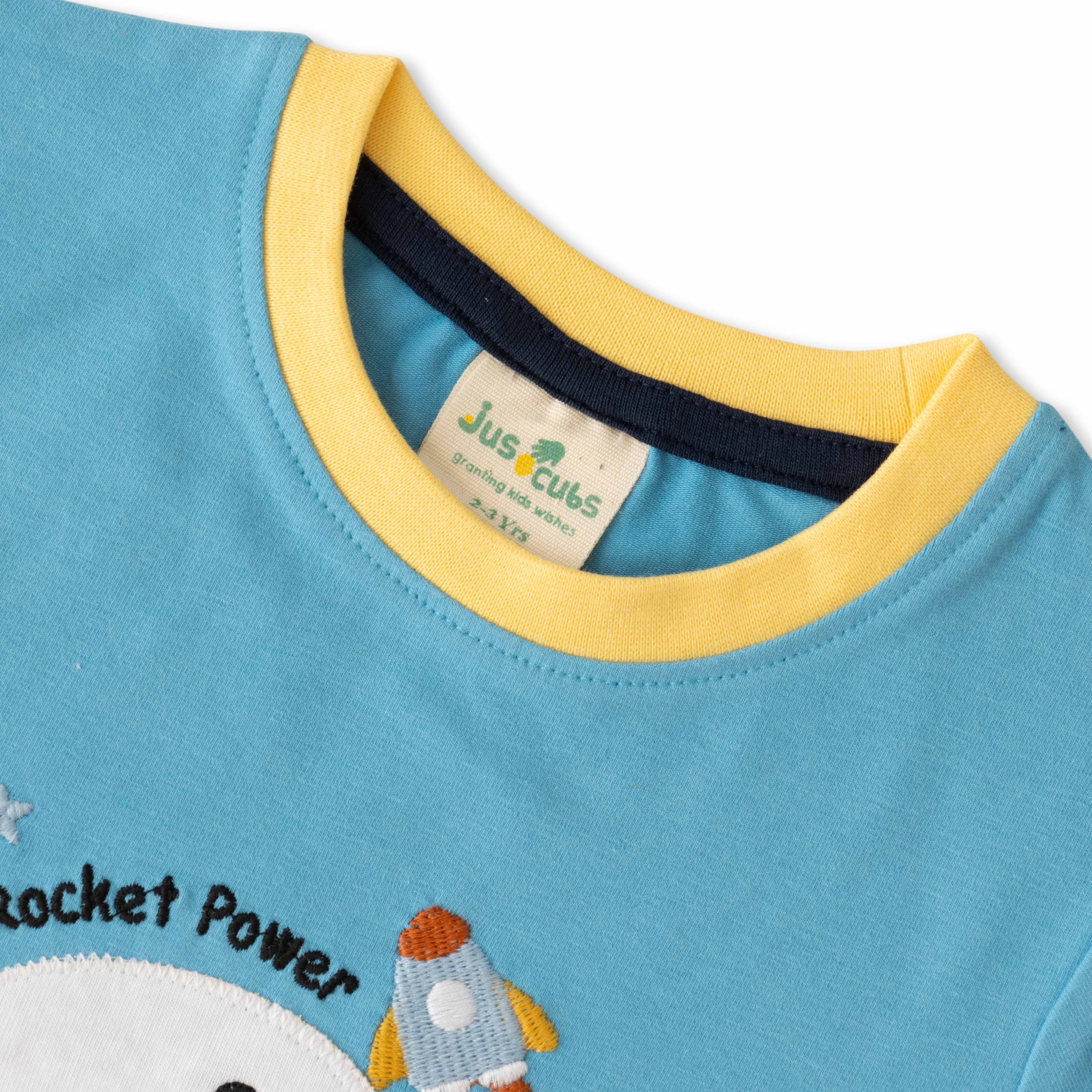 Boys Space-Themed T-Shirt & Shorts Set – Rocket Power Design (Blue & Yellow)