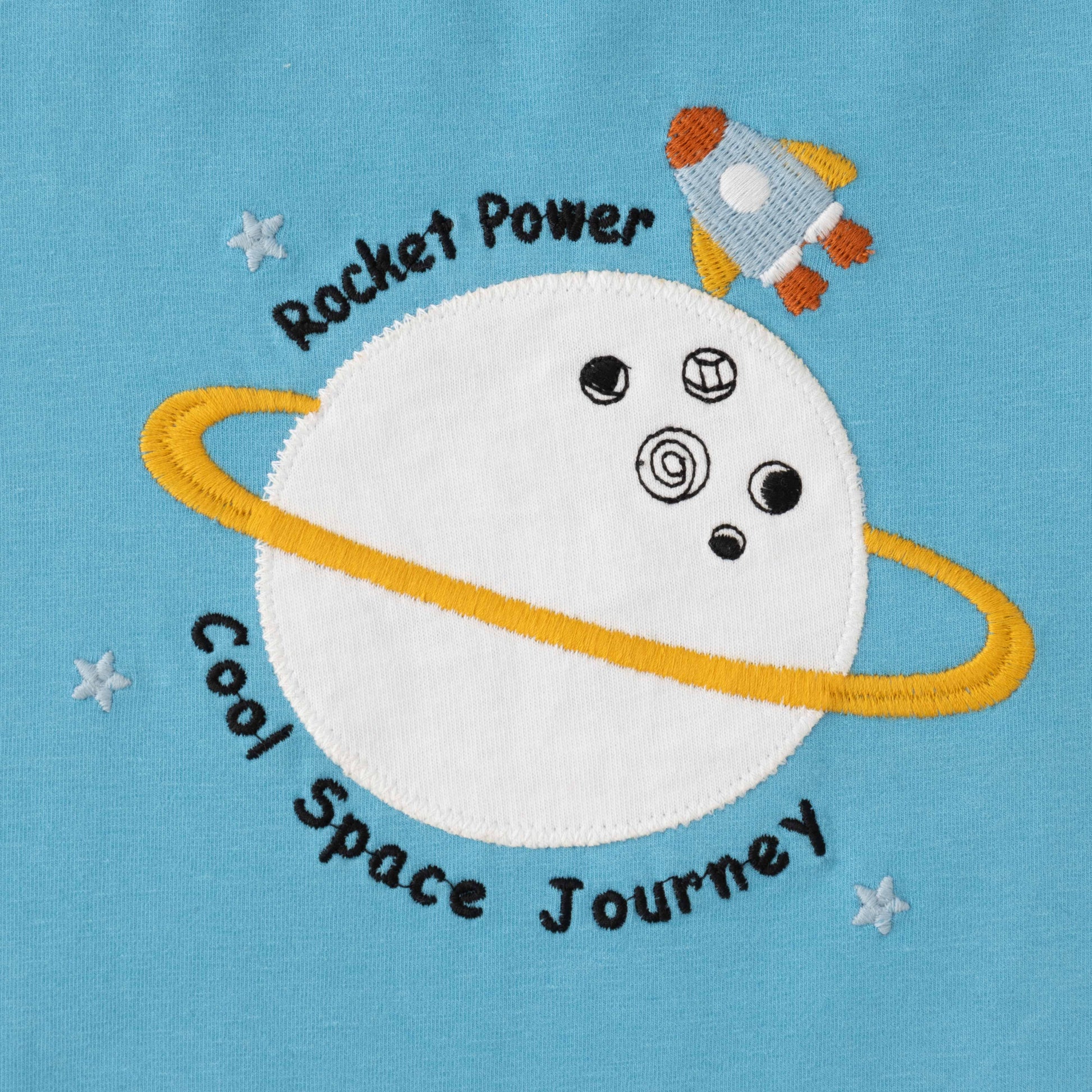Boys Space-Themed T-Shirt & Shorts Set – Rocket Power Design (Blue & Yellow)