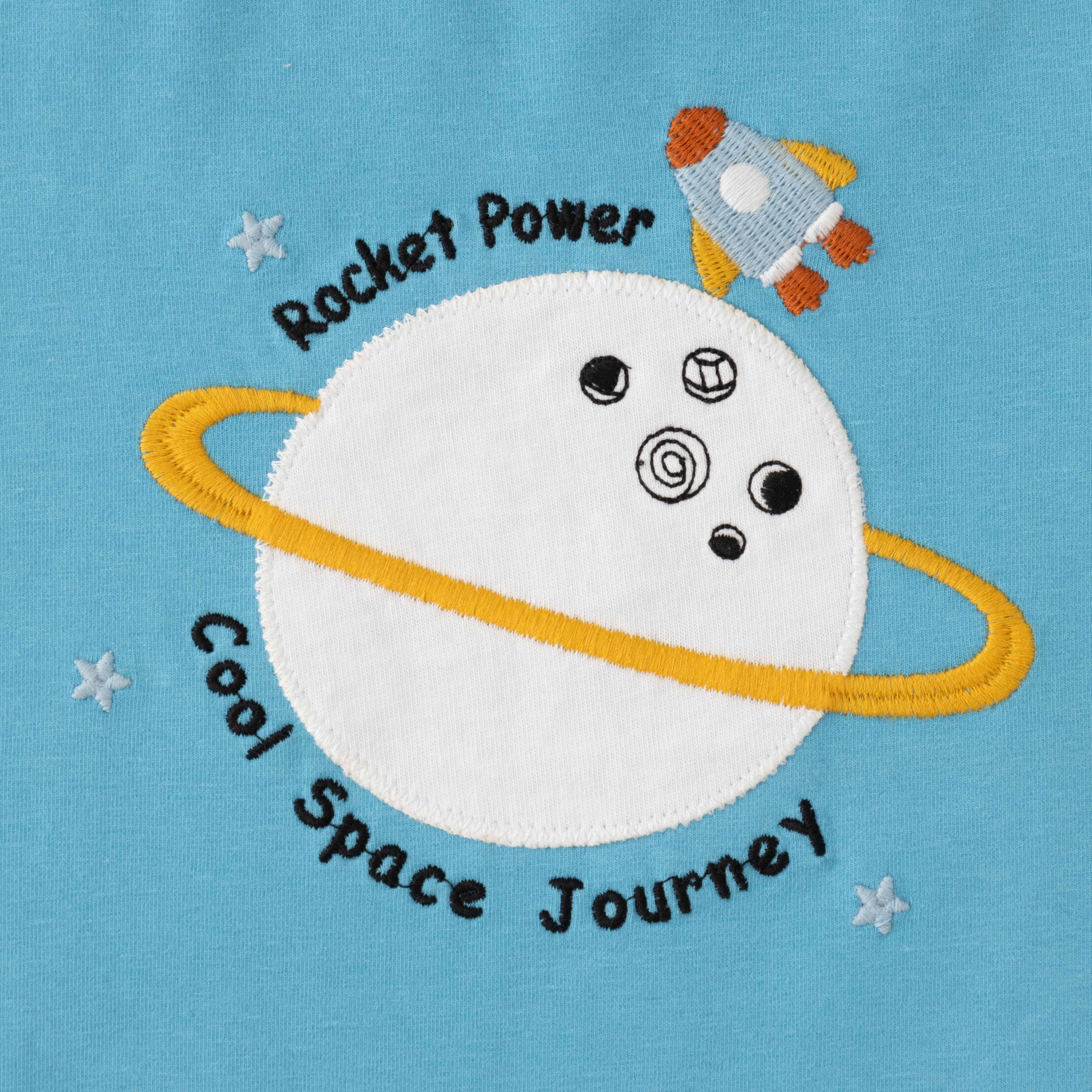 Boys Space-Themed T-Shirt & Shorts Set – Rocket Power Design (Blue & Yellow)