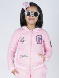 "Baby Girls' Pink Bomber Jacket with Star & Letter Patches – Full Sleeve Front-Zip Sweatshirt"